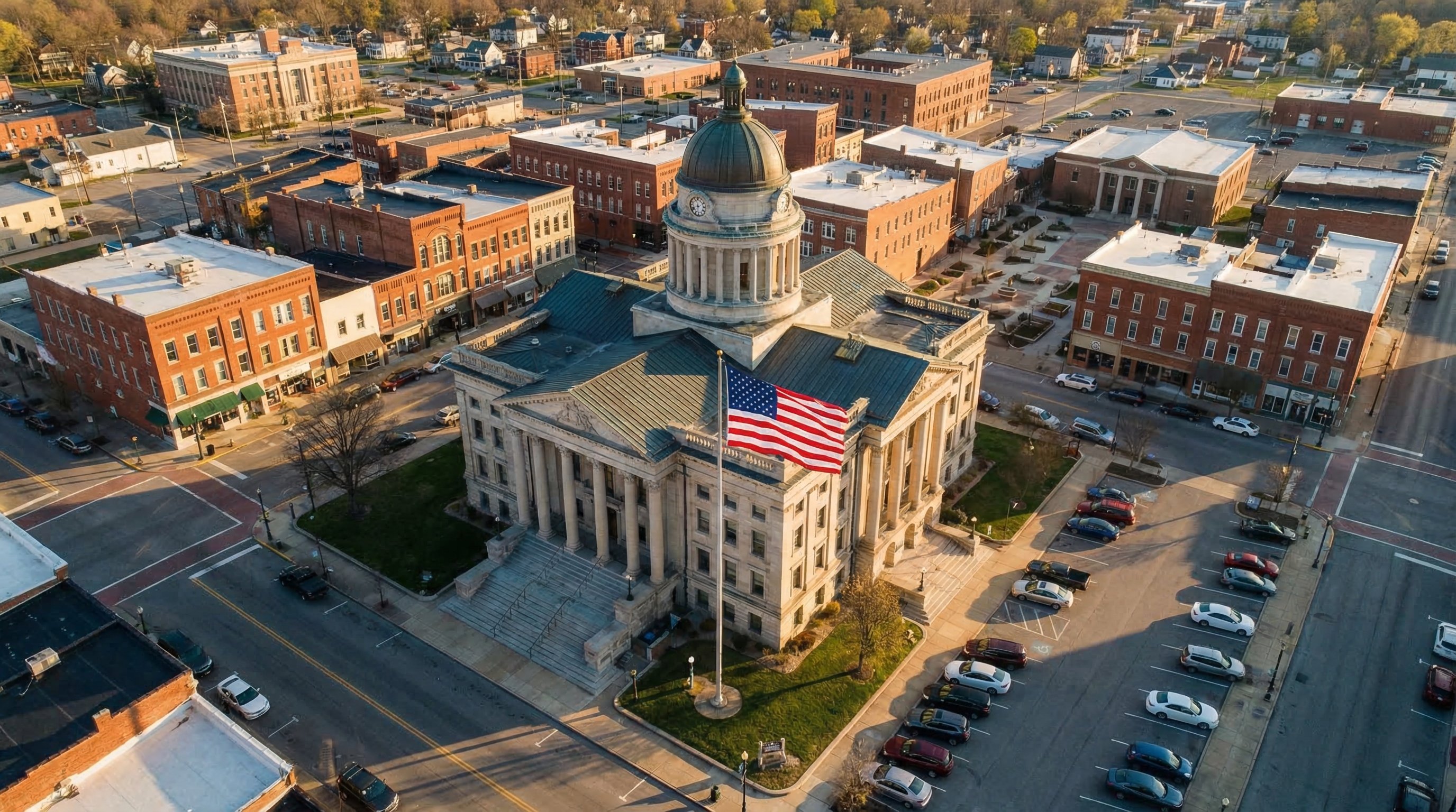 Aerial view of county courthouse with classical columns