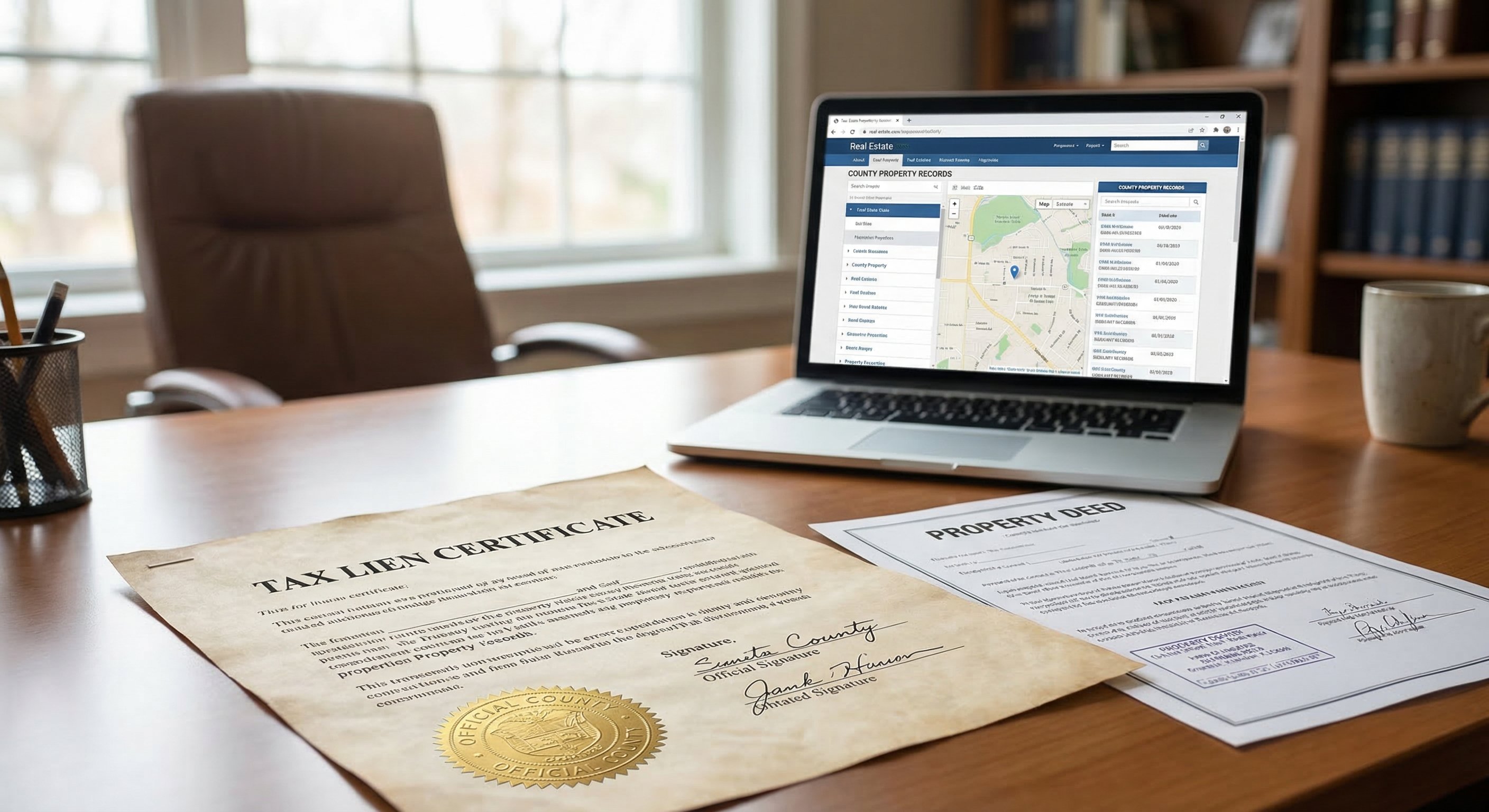 Tax lien certificate and property deed with laptop showing records