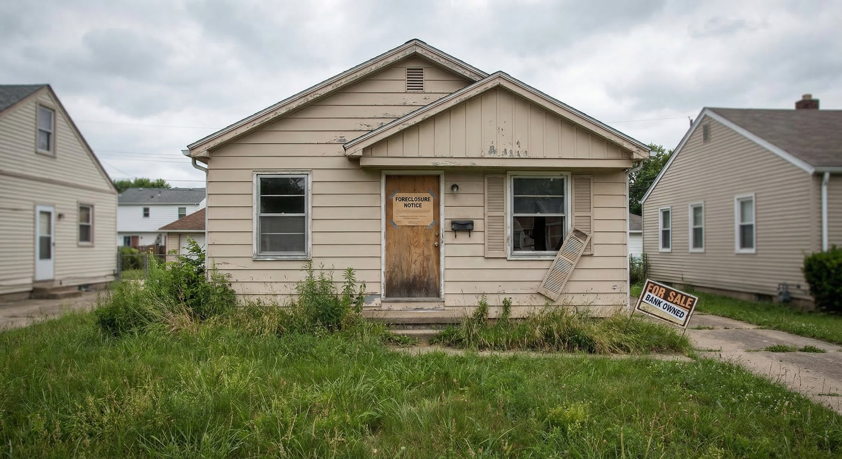 Property with foreclosure notice on door showing distress signals