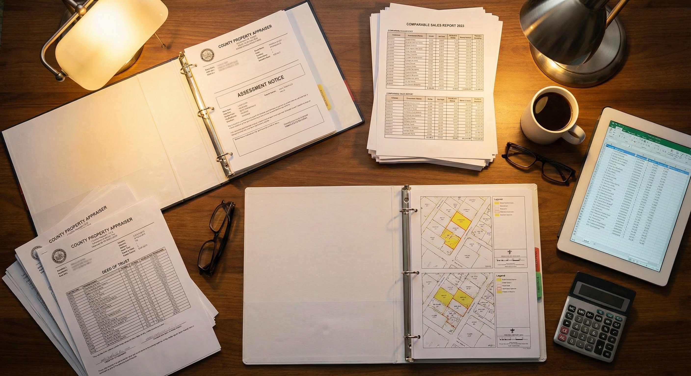 County property records, assessor documents, and comparable sales data on a professional desk
