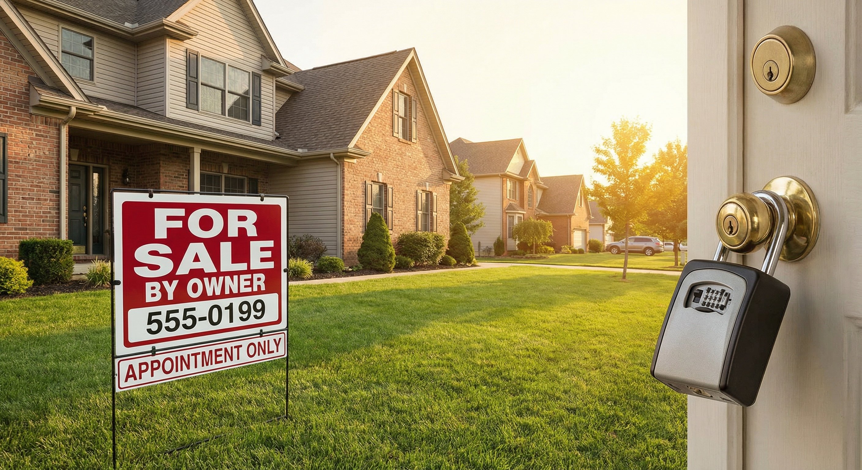 For sale by owner sign on a suburban home lawn with professional lockbox on the doorknob