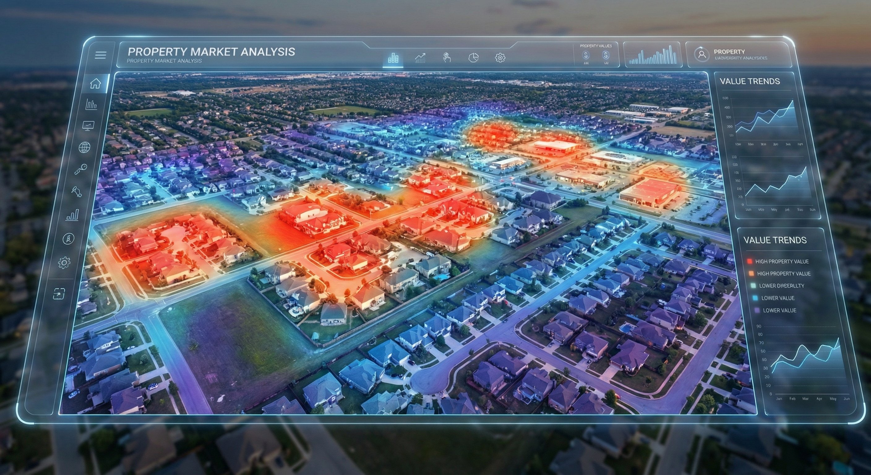 Digital heatmap over aerial neighborhood view showing property value concentrations for real estate market analysis