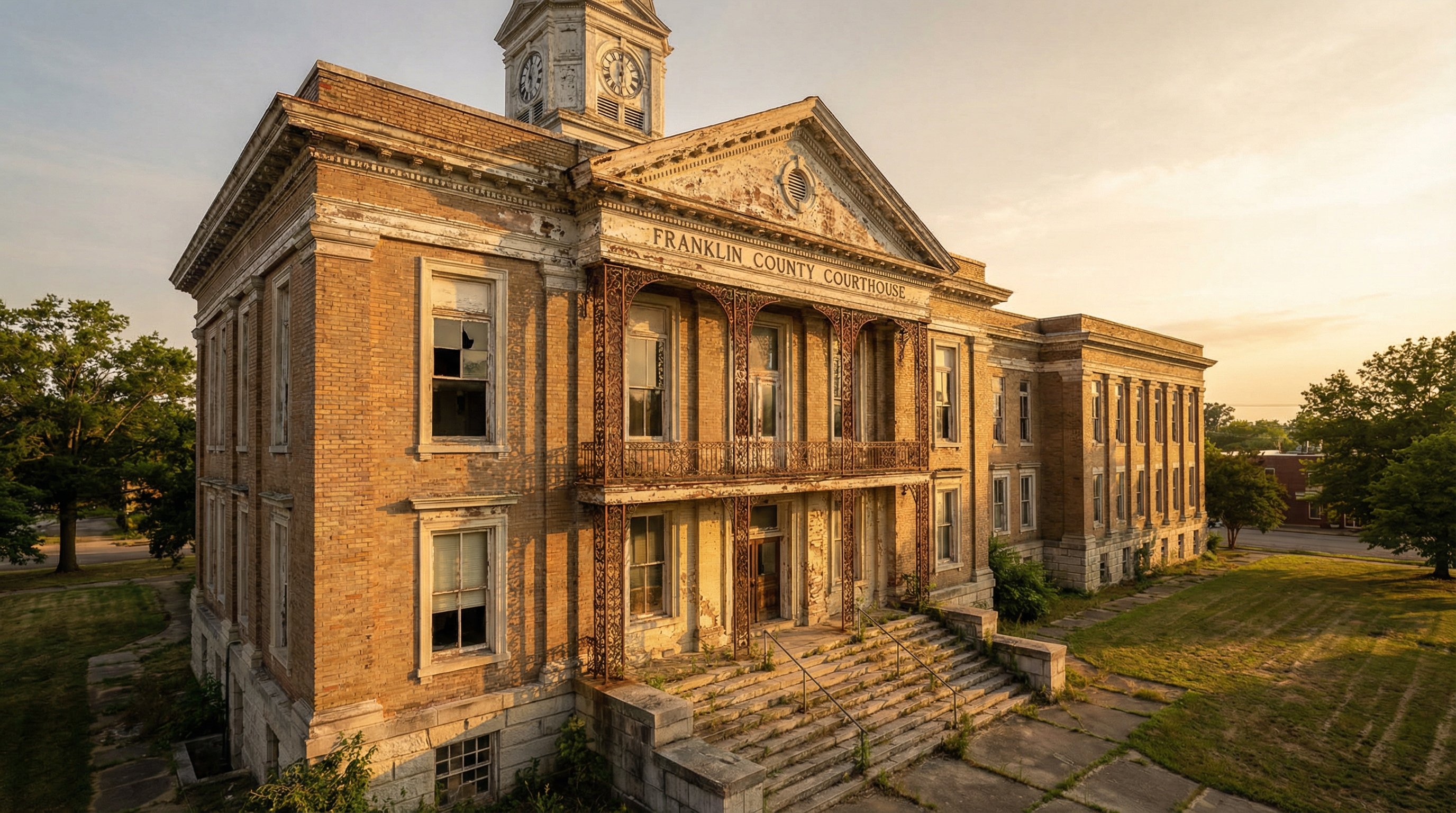 Weathered brick county courthouse exterior at golden hour, institutional government building aesthetic