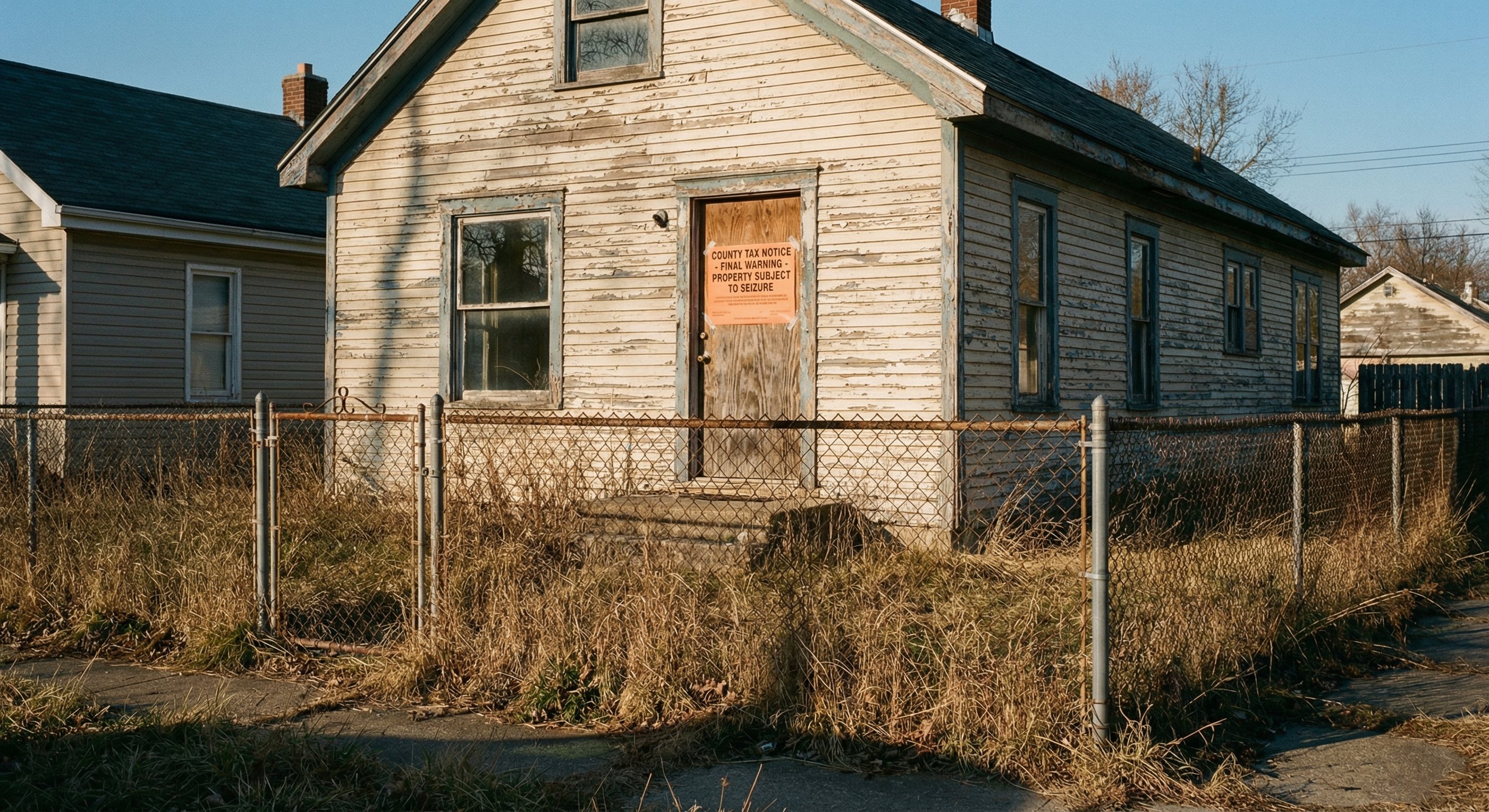 Neglected single-family home with overgrown yard and official tax notice posted on front door