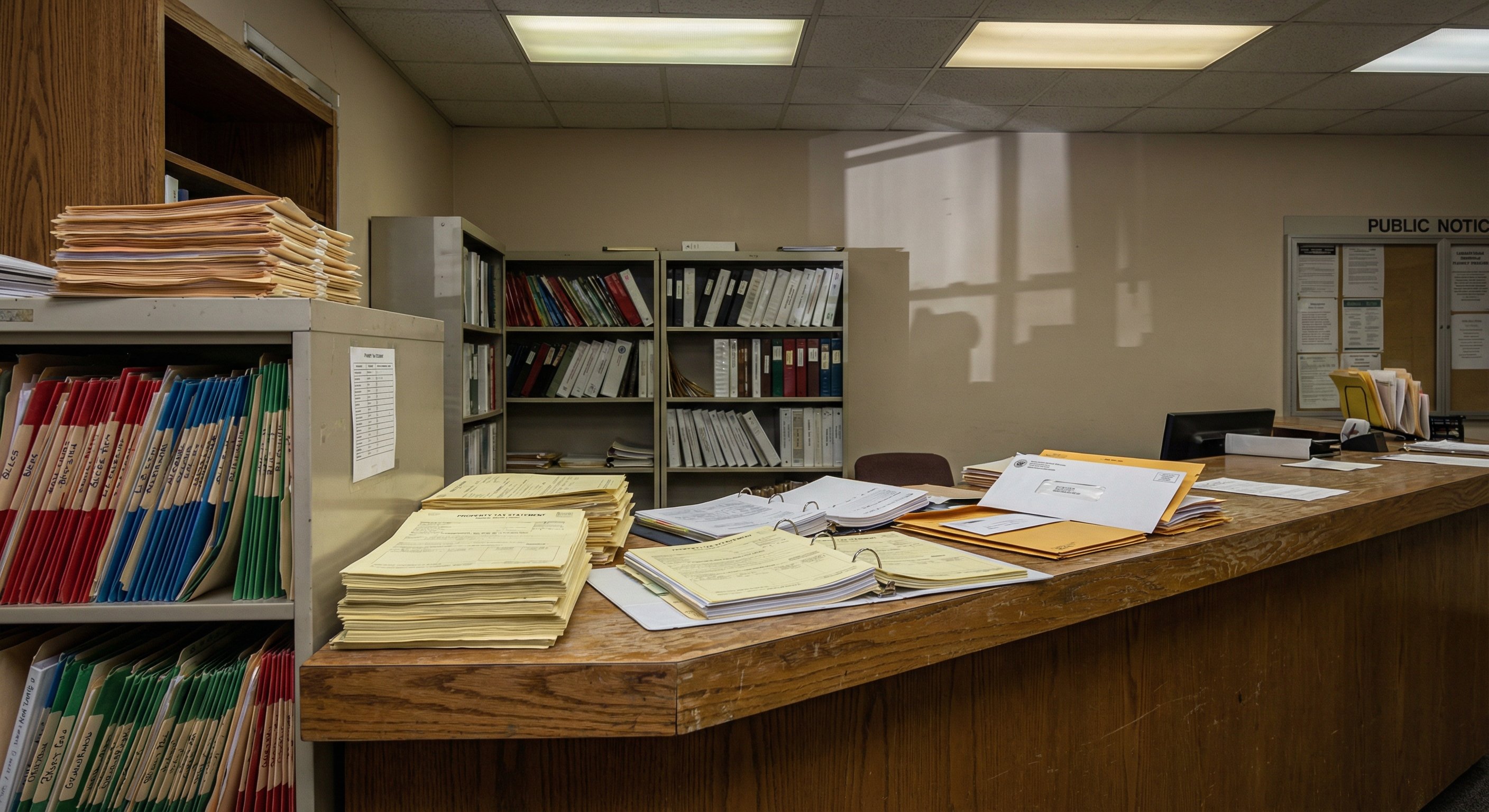 County assessor records desk with property tax documents and color-coded filing cabinet folders