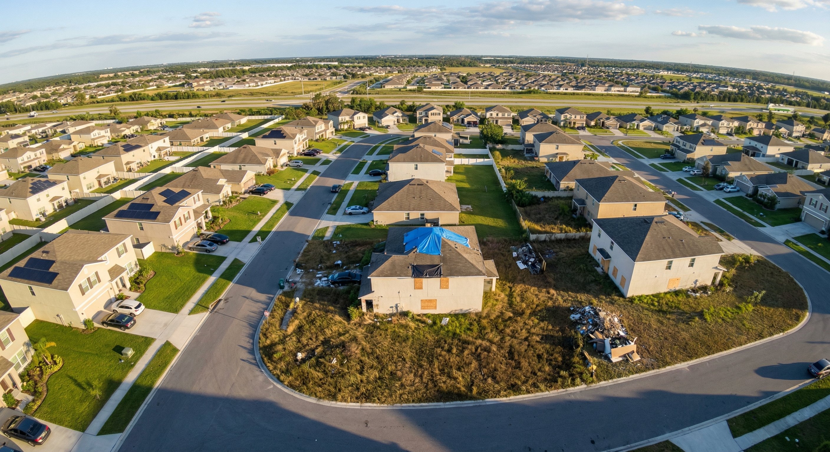 Aerial drone photograph showing suburban neighborhood with mix of maintained and neglected properties