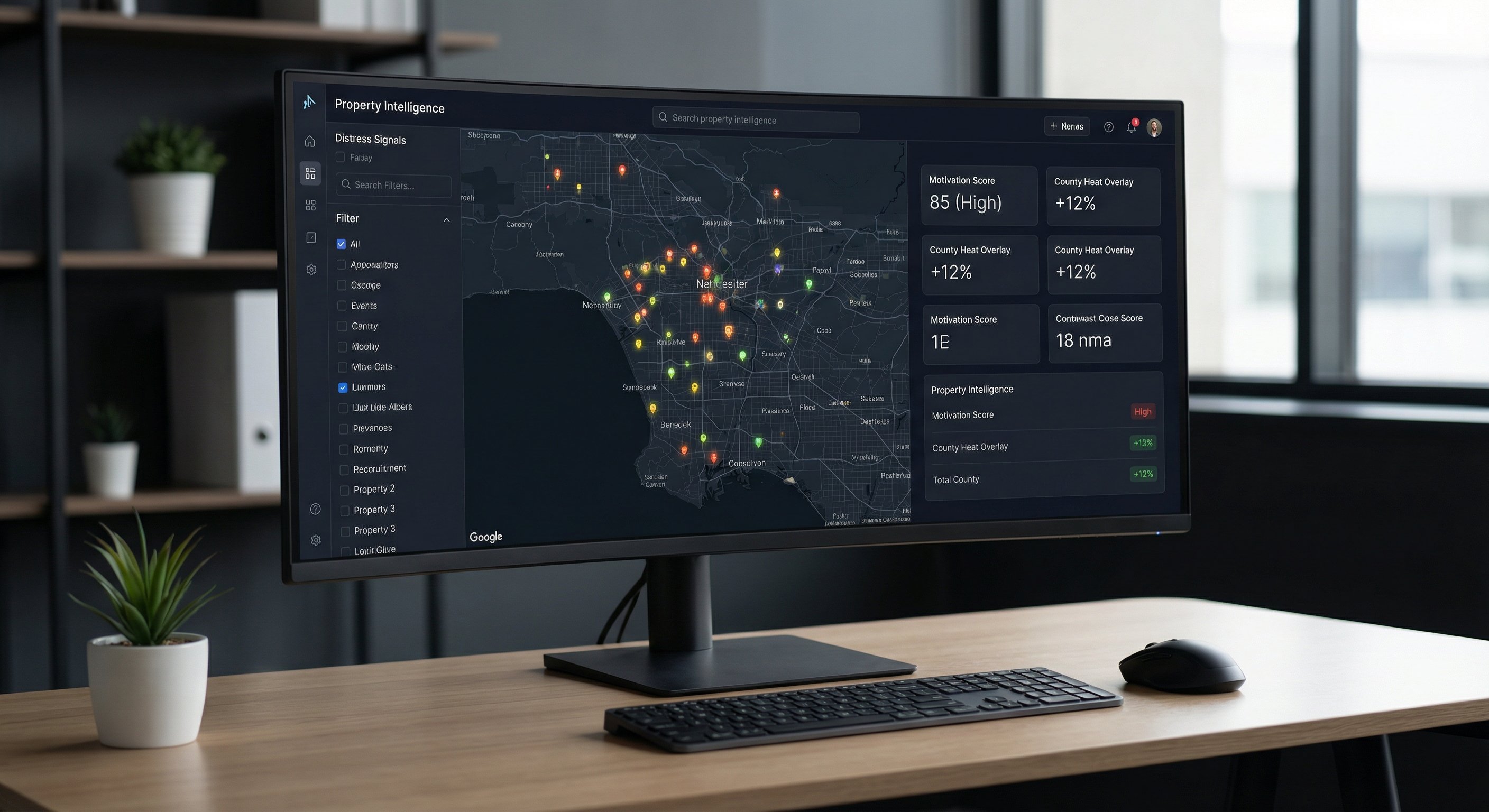 Modern dark-themed property intelligence dashboard with distress signal map and motivation scores