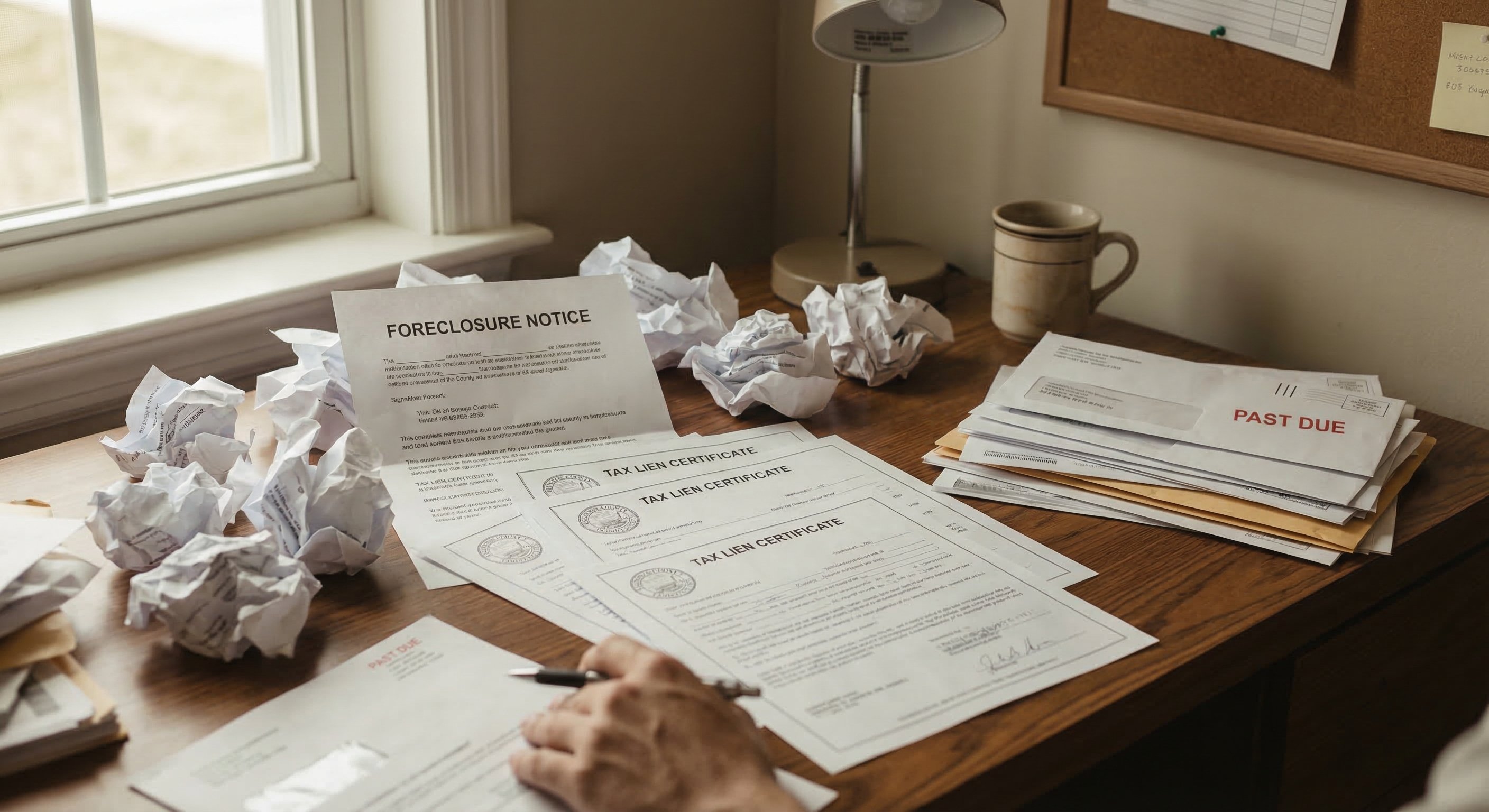 Financial documents and distressed debt paperwork spread across a desk with foreclosure notices and tax lien certificates