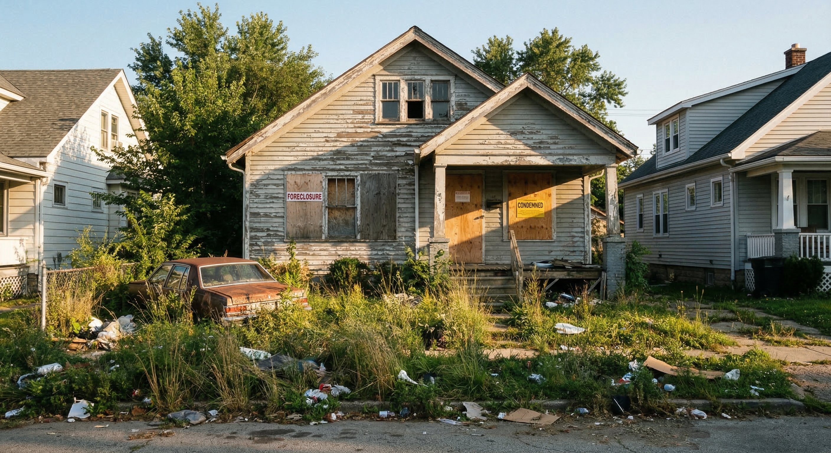 Neglected single-family home with overgrown lawn and visible financial distress