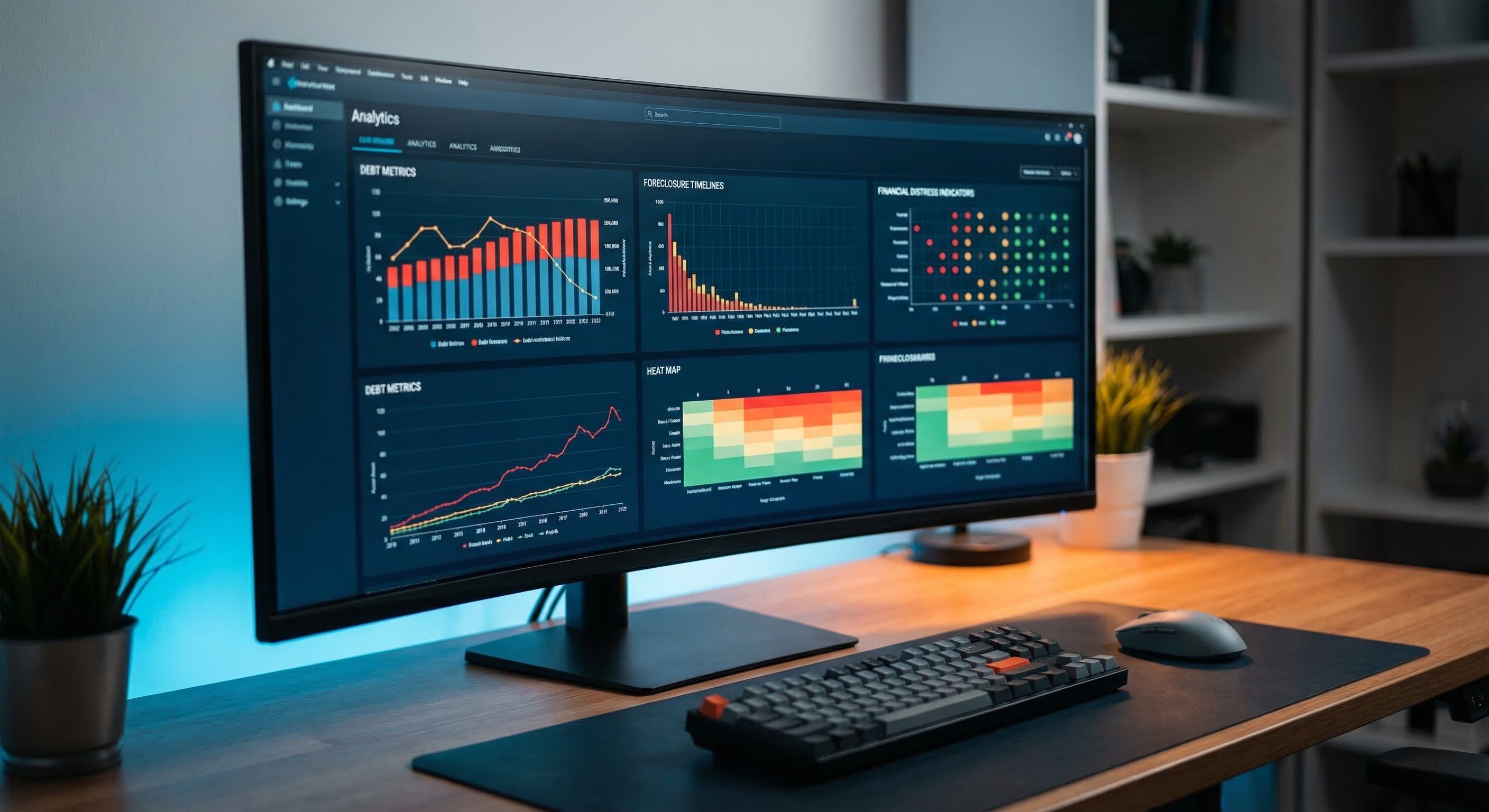 Modern dark-themed analytics dashboard showing debt metrics and financial distress indicators