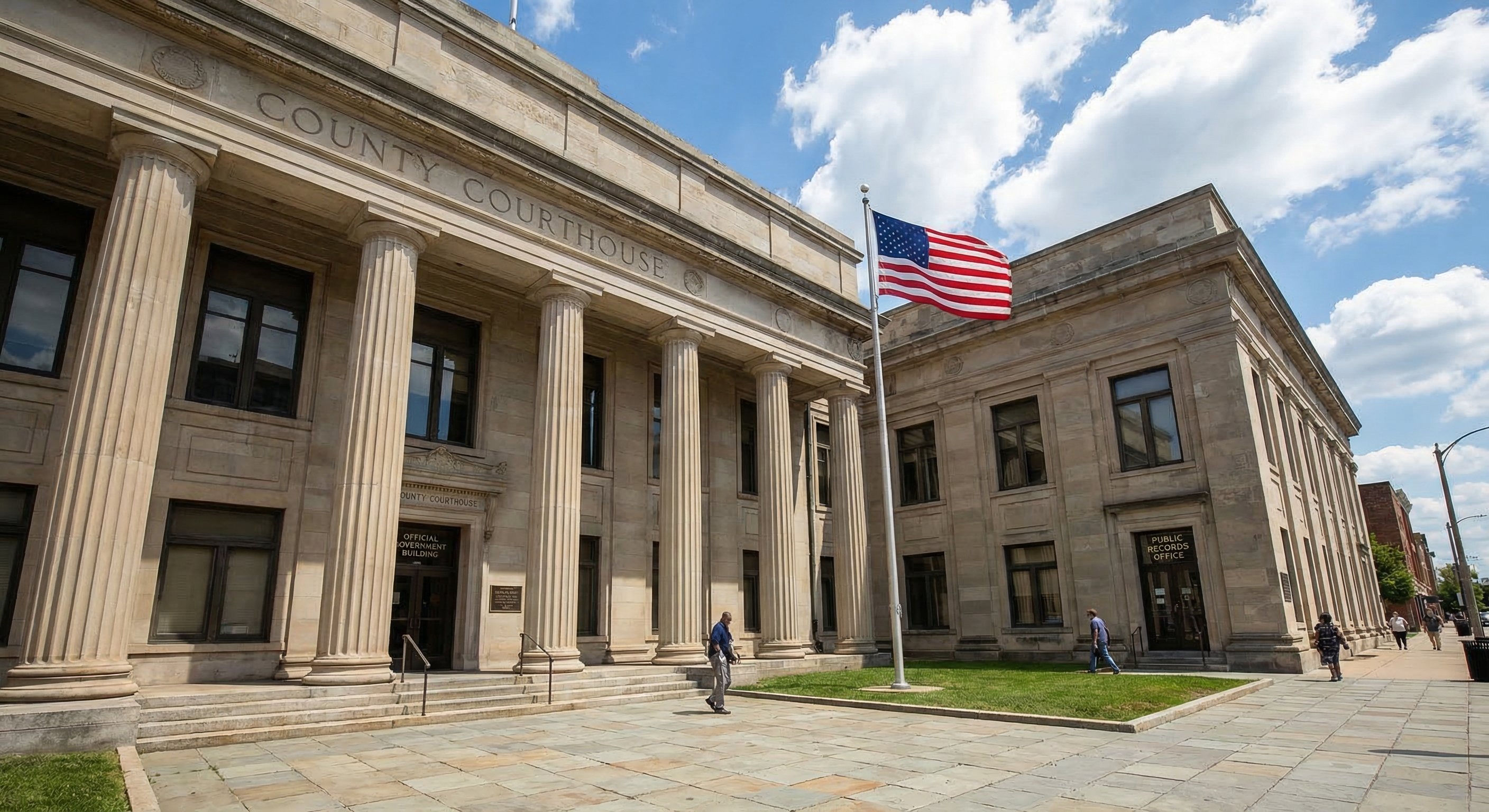 County courthouse exterior with classical columns and American flag