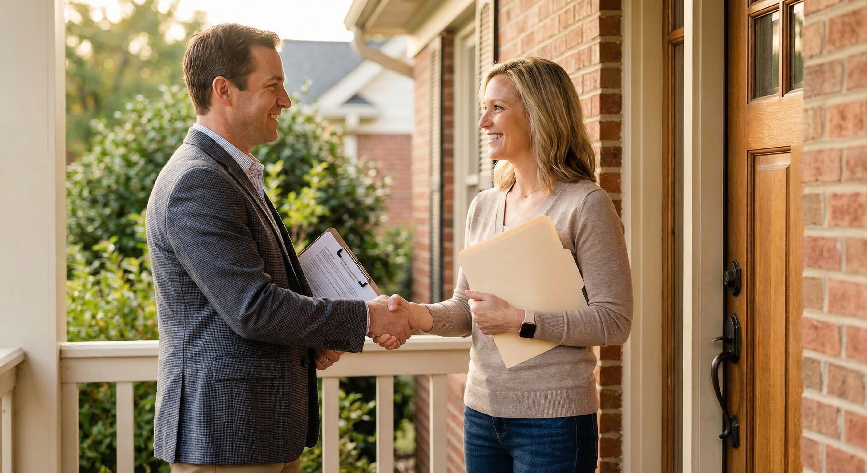 Two professionals shaking hands at a property doorway during a real estate meeting