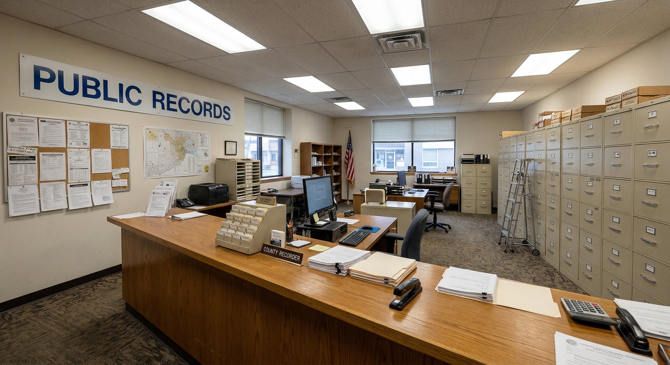 A county recorder's office counter with public records filing cabinets and a "Public Records" sign behind the counter. Fluorescent institutional lighting, wide-angle documentary photography.