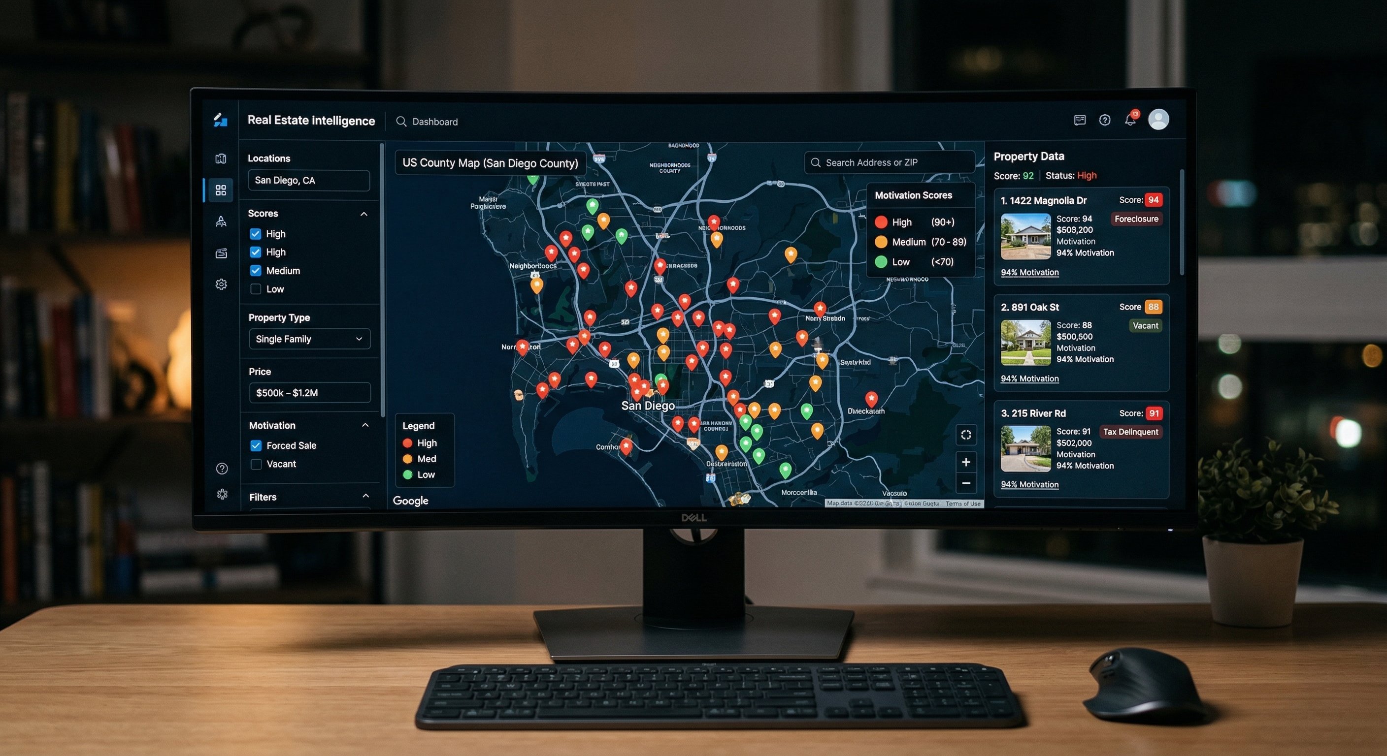 Stylized dark-themed property intelligence dashboard on a modern monitor — showing a county map with colored motivation-score pins, property data cards on the right panel, filter sidebar on left. Screen glow as key light, minimal desk setup, technology product photography, sharp focus on screen.