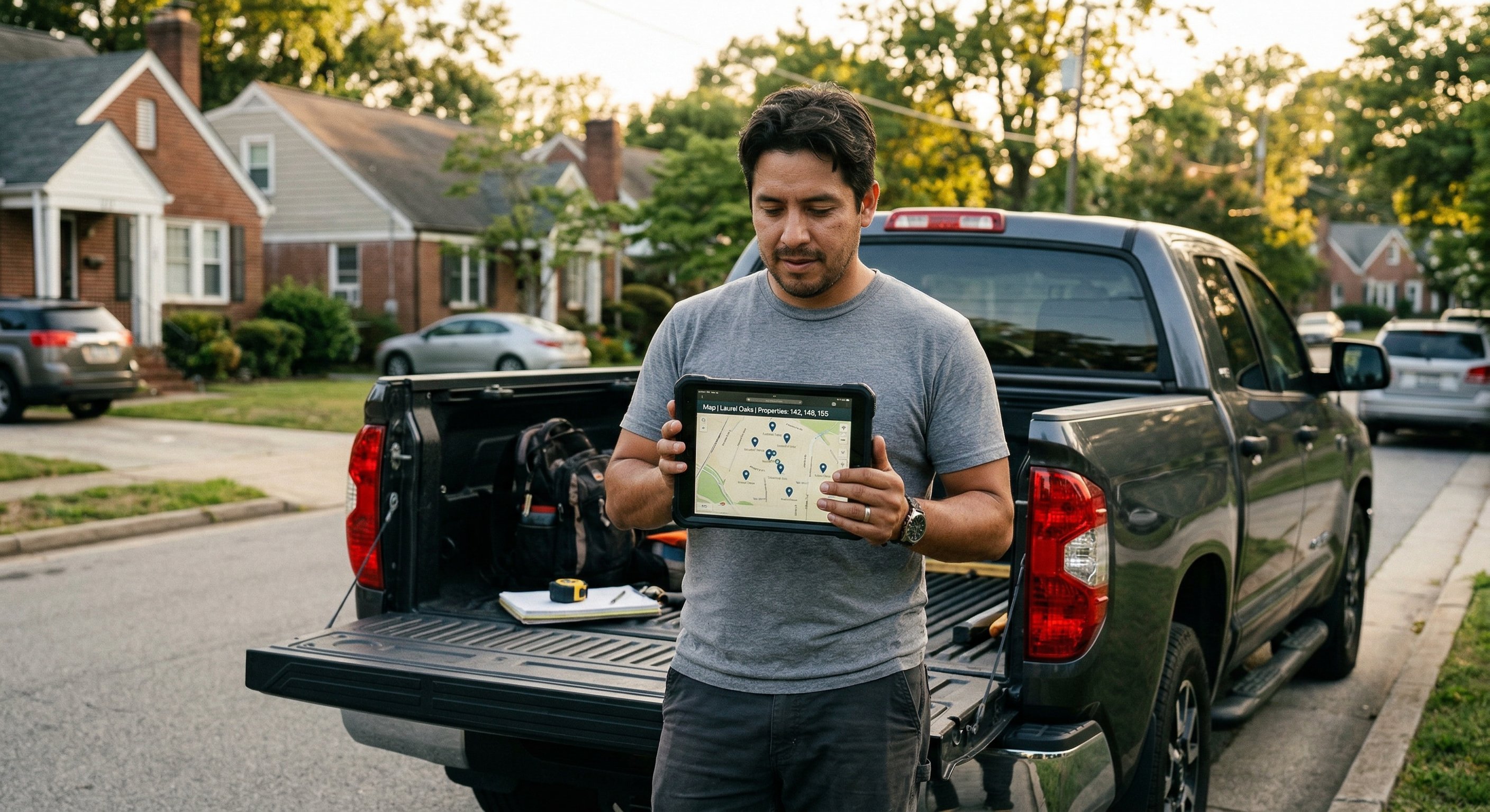 Real estate investor in his mid-30s standing at the tailgate of a pickup truck, reviewing property information on a tablet with a residential neighborhood in the background. Natural skin texture, catchlight in eyes. Golden afternoon light, documentary lifestyle photography, shot with 85mm lens at f/2.2.