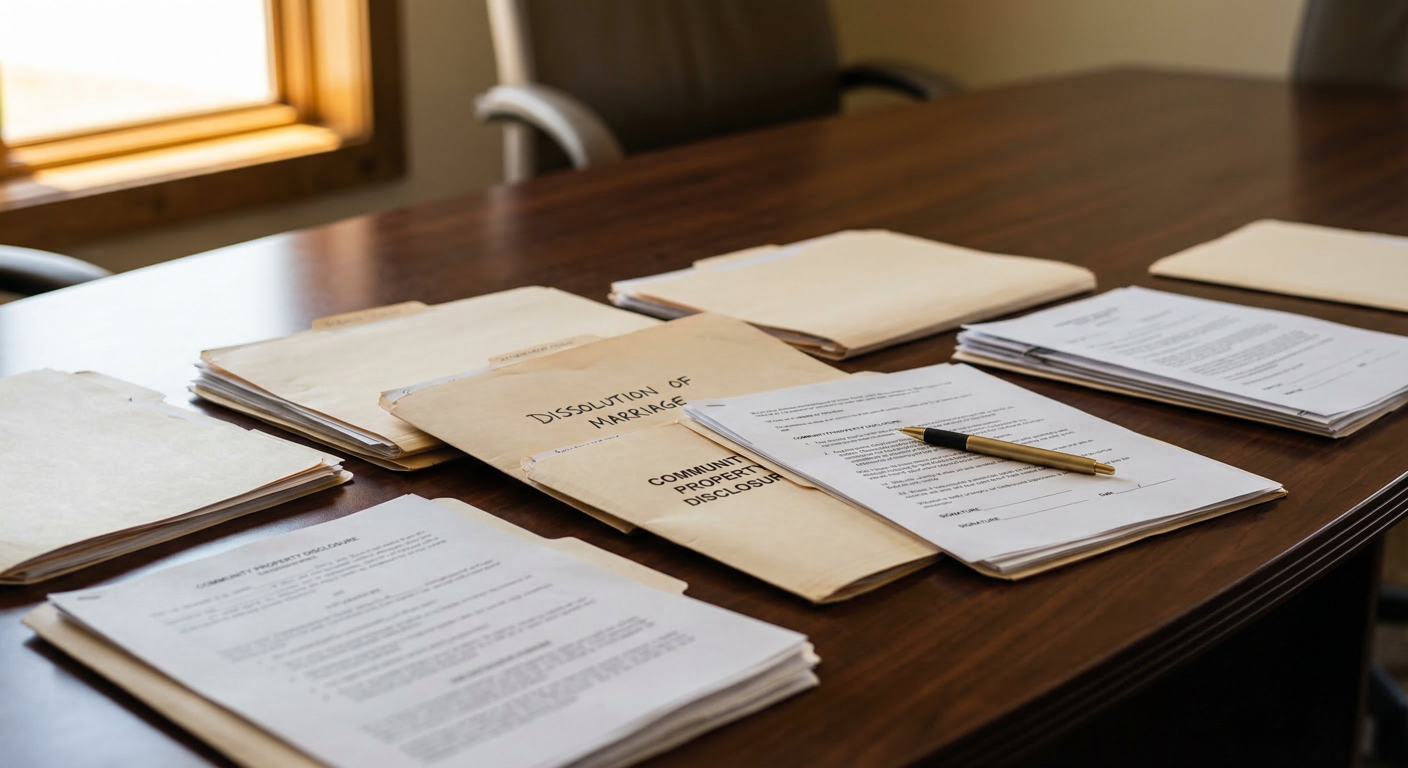 Arizona divorce legal documents spread on desk — dissolution of marriage and community property disclosure files