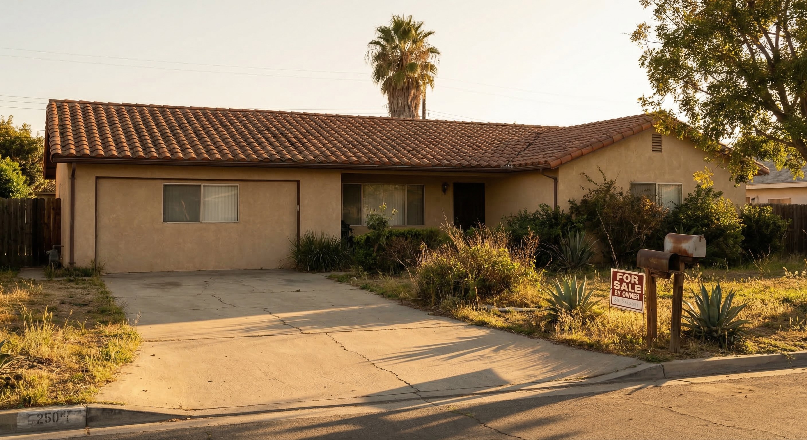California home in a transitional period with for-sale sign on a modest stucco ranch exterior, overgrown front yard, warm afternoon light, street-level real estate documentary photography