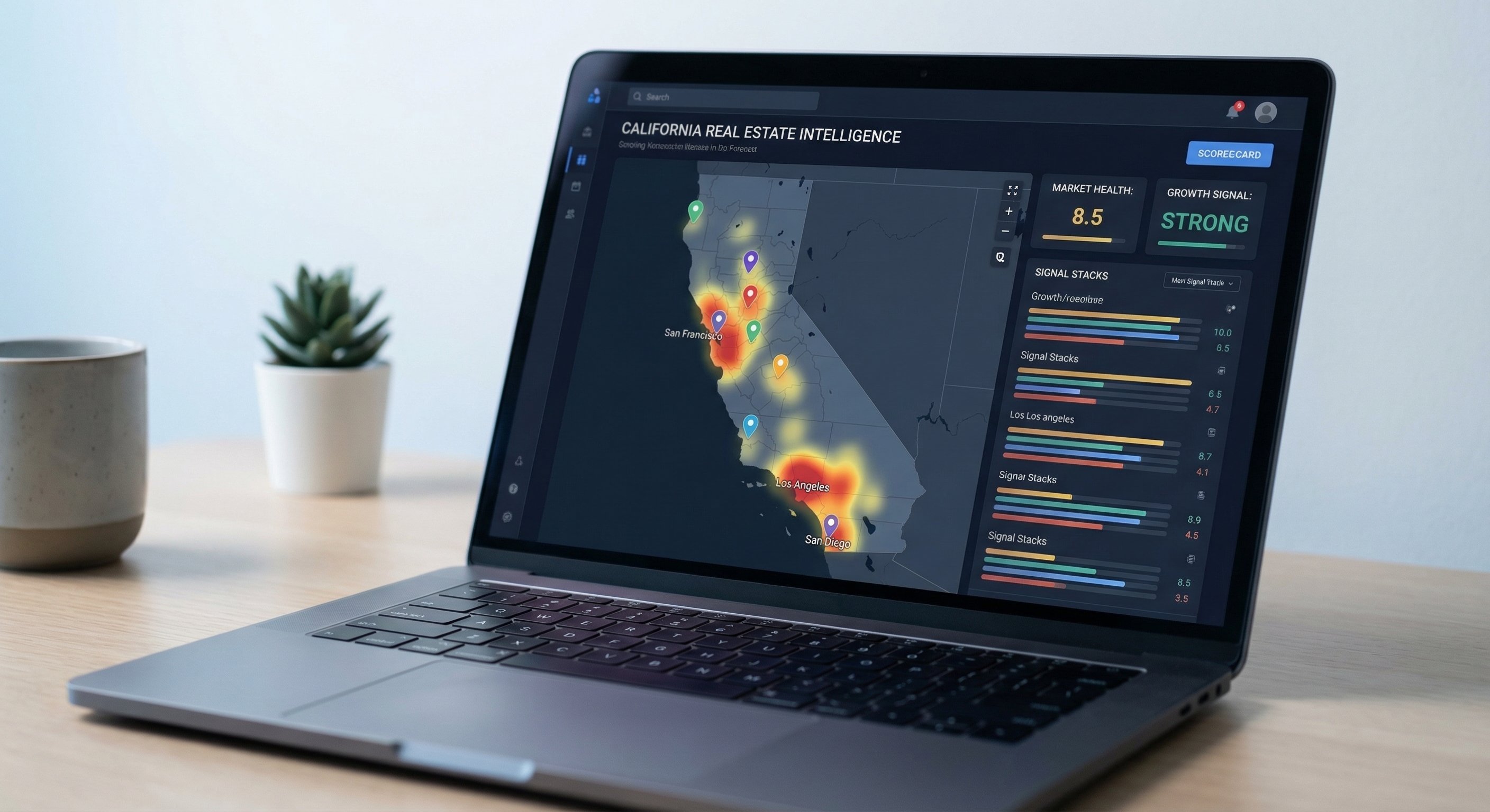 Modern laptop displaying a property data dashboard with colorful California county map, distress signal pins and score overlays, dark UI theme, screen glow lighting, shallow depth of field, technology product photography