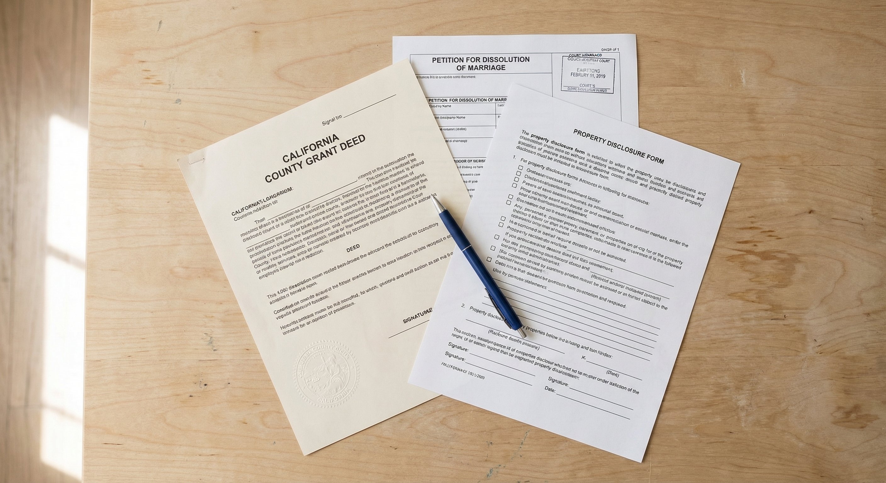 Spread of California real estate documents including grant deed, divorce petition papers, and property disclosure forms on a light wood desk with a pen, professional documentary photography, natural window light
