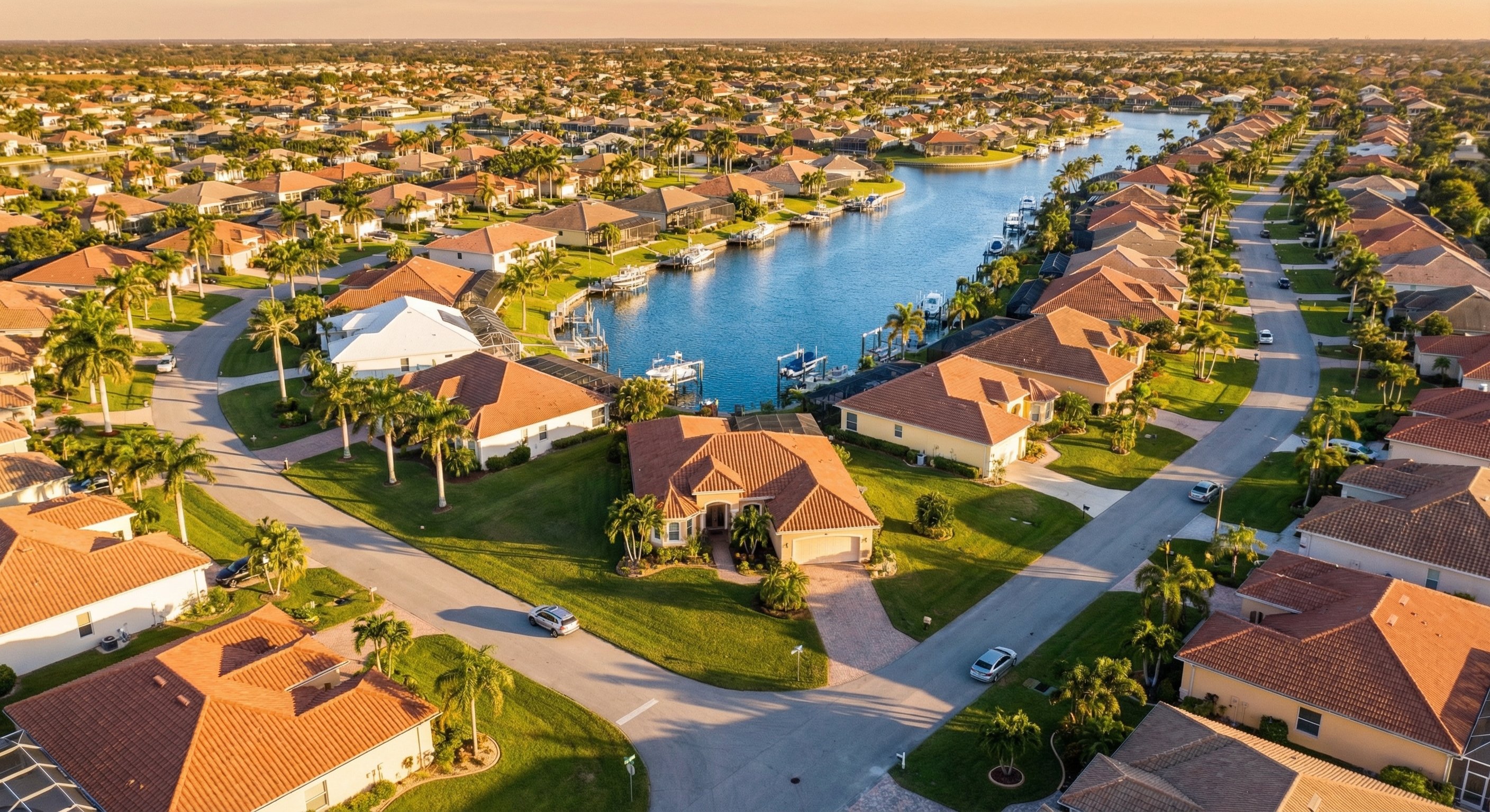 Aerial view of a sun-drenched Florida residential neighborhood with stucco homes, palm trees, and waterfront canals — a market full of divorce-driven motivated sellers