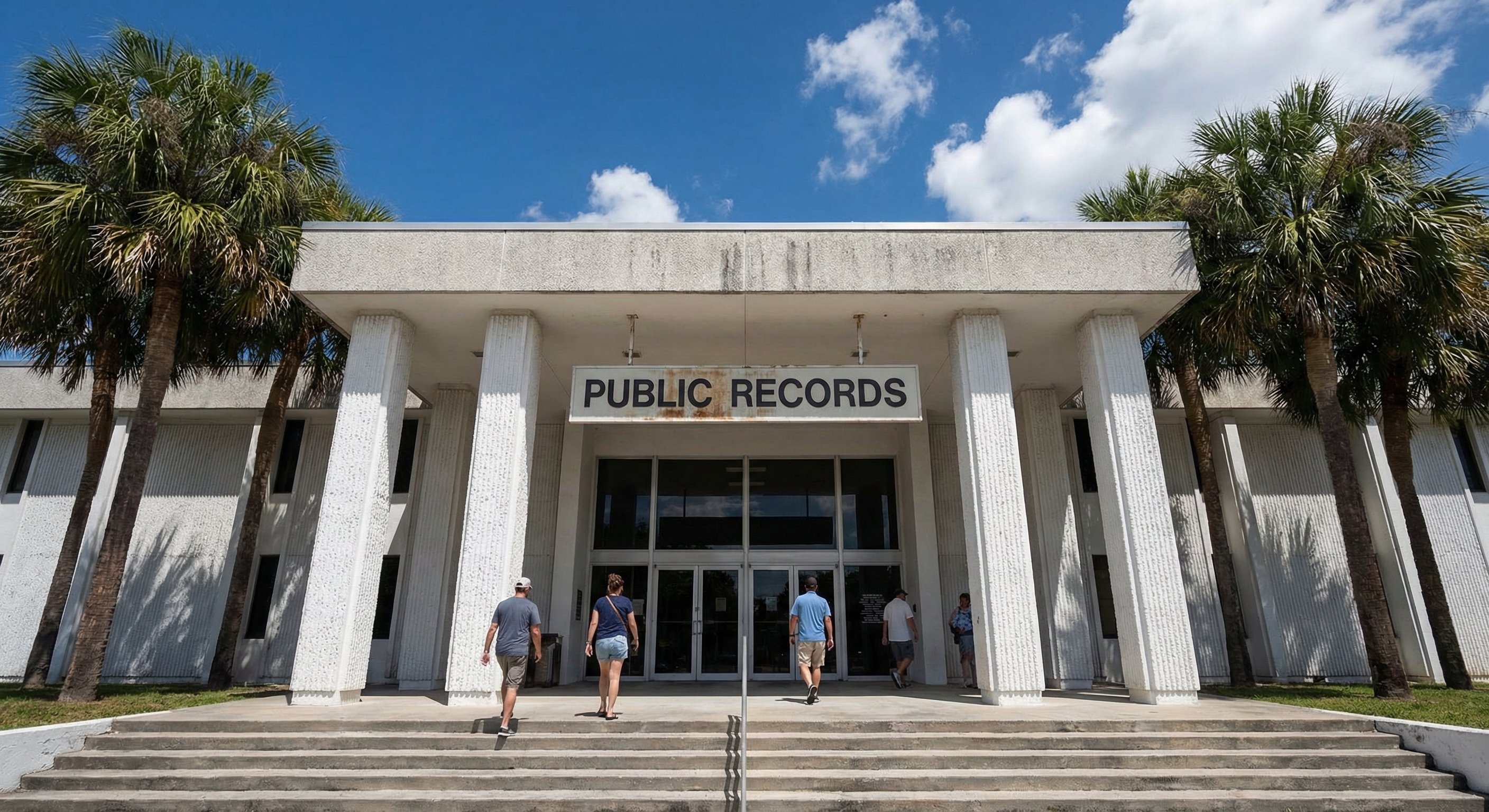 Florida county courthouse exterior with palm trees, white concrete columns, and public records signage visible above the entrance