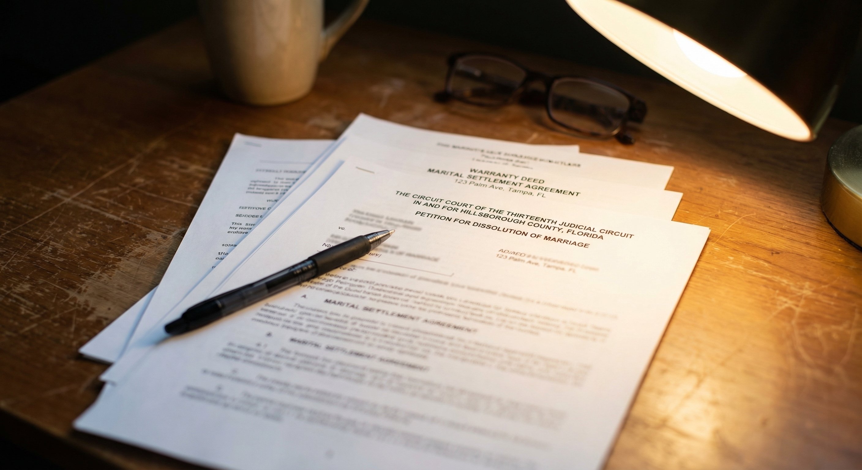 Florida divorce legal documents — a petition for dissolution of marriage, marital settlement agreement, and property deed spread on a wooden desk with a pen