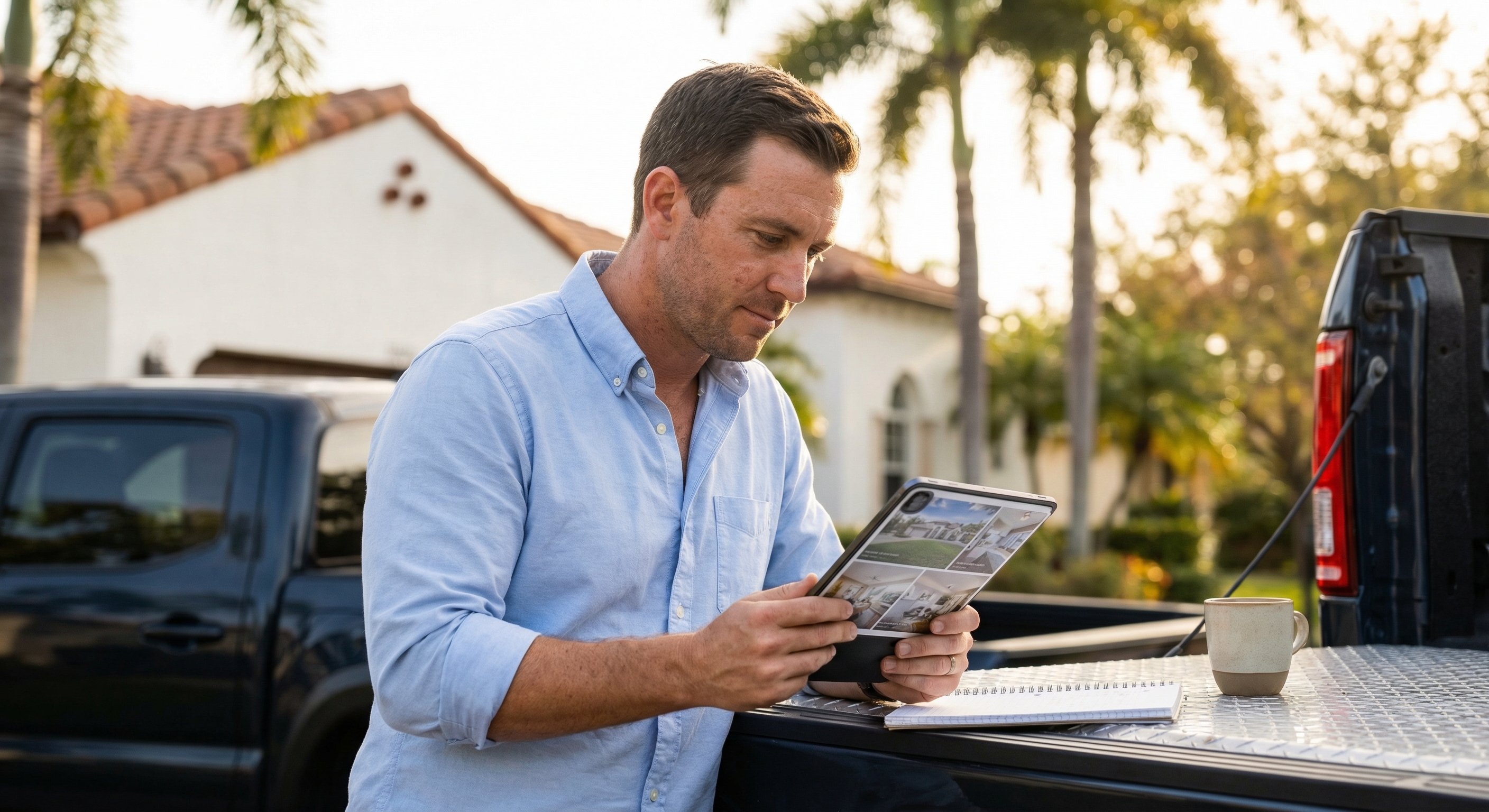 Florida real estate investor reviewing property data on tablet at truck tailgate in front of a stucco home with palm trees