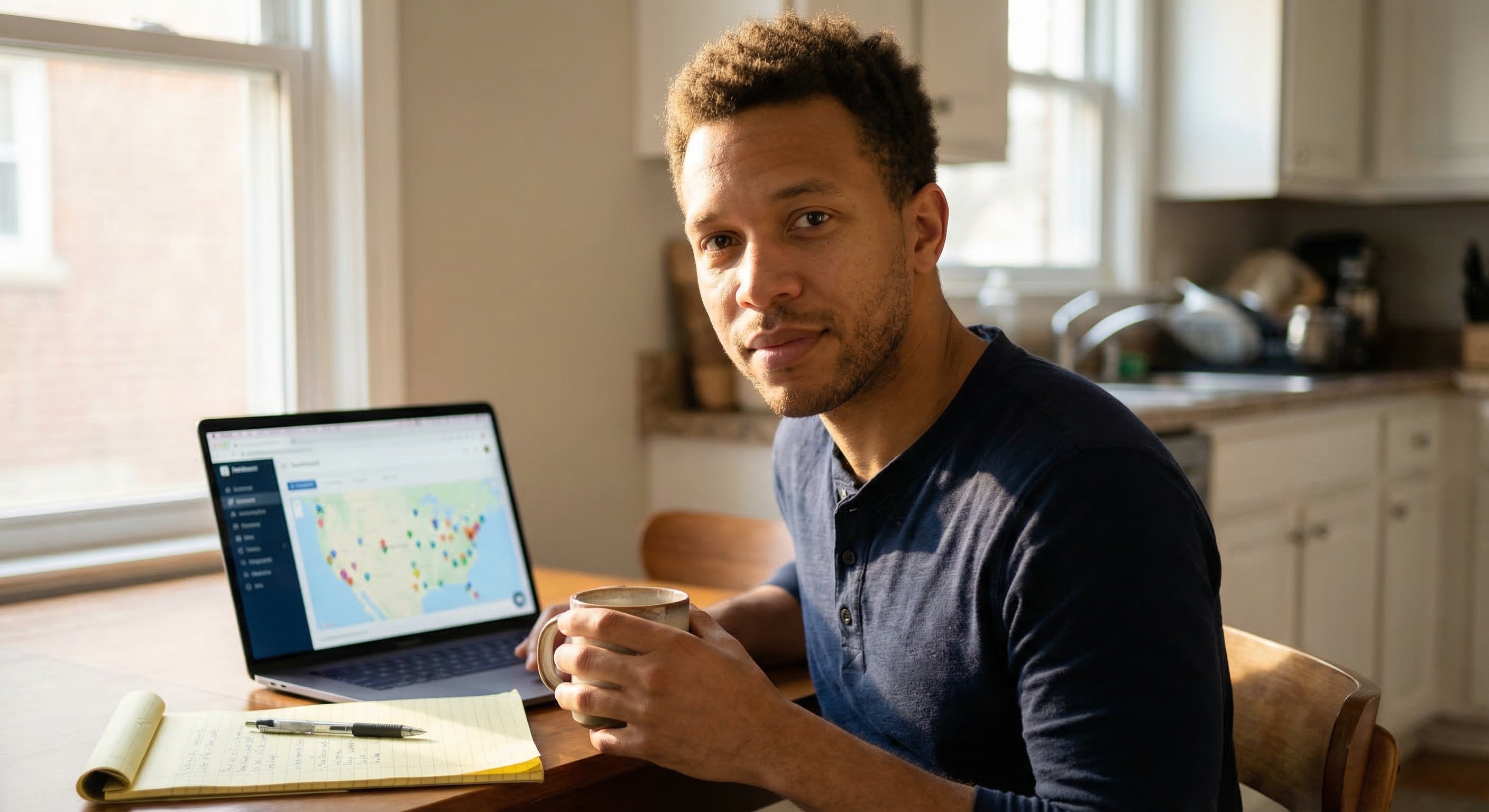 Real estate investor reviewing distress signal data on a laptop at a kitchen table, coffee mug nearby, morning light from the window