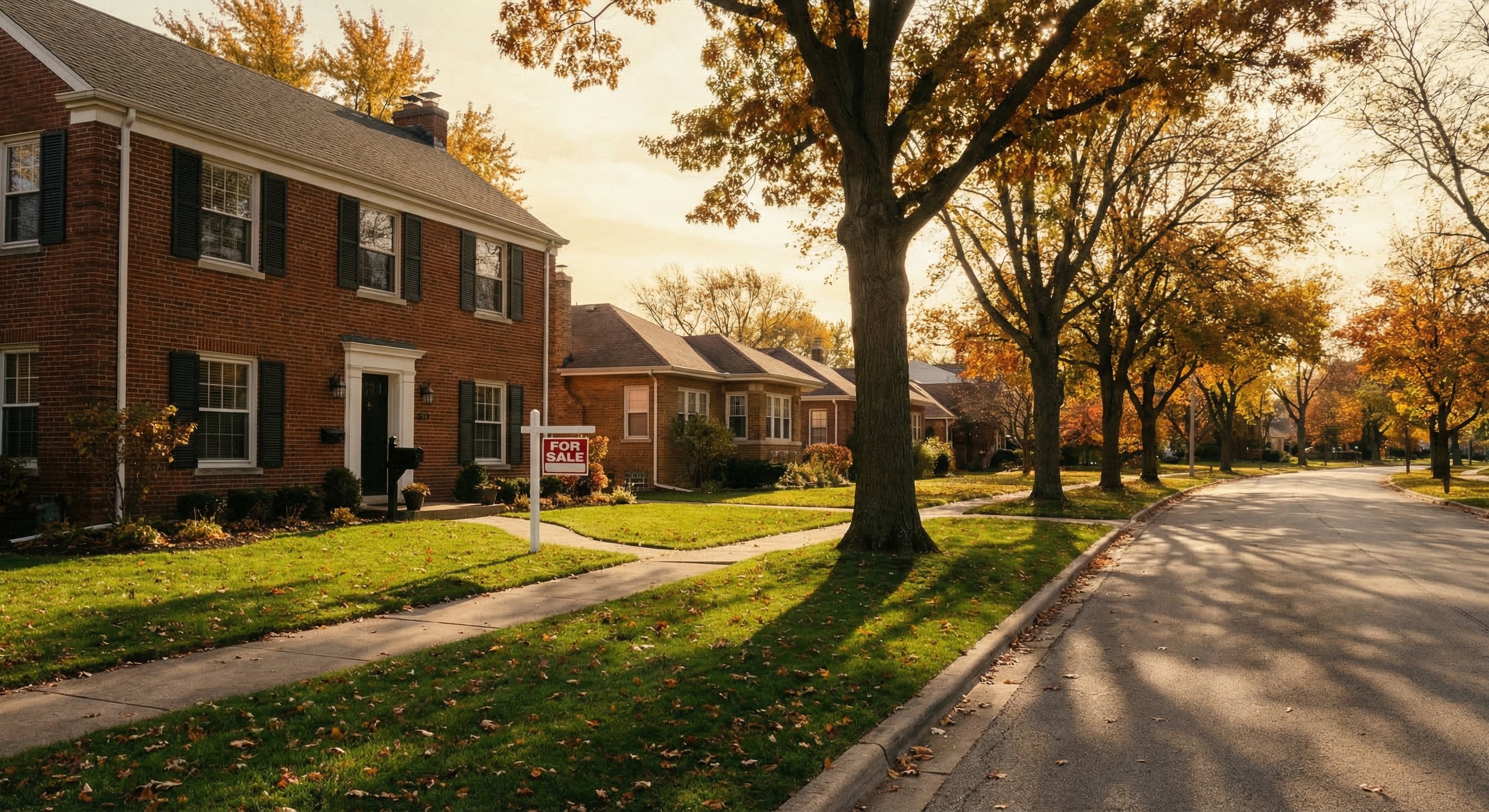 Illinois brick two-story home with a "For Sale" sign visible near a tree-lined street in a Chicago suburb
