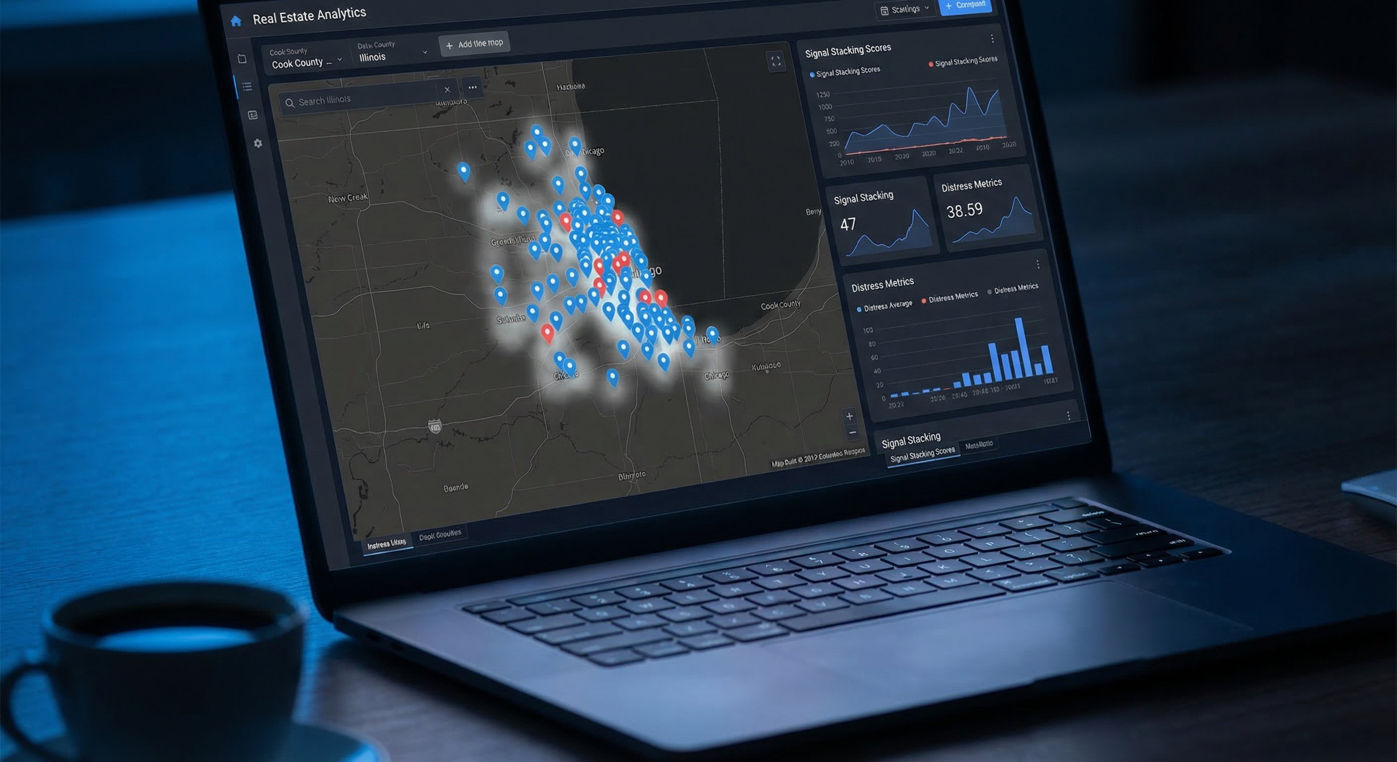 A modern dark-themed property analytics dashboard showing an Illinois county map with colored distress signal pins clustered near Chicago and suburban areas