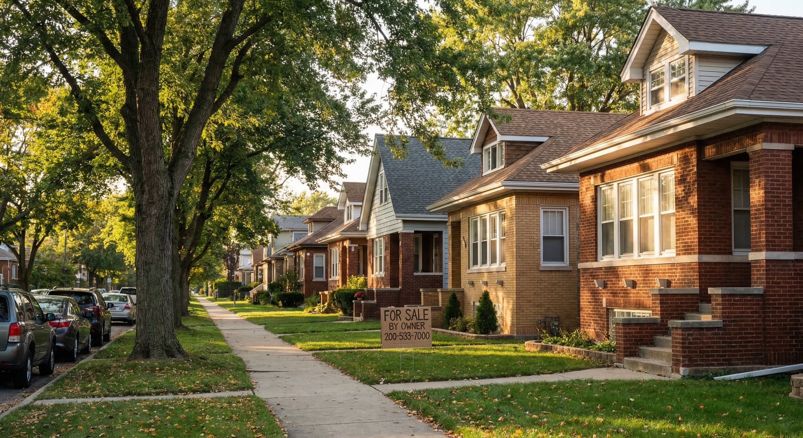 A street-level photograph of a well-maintained suburban Chicago neighborhood with brick bungalows and colonial homes lining a tree-lined street, late afternoon light