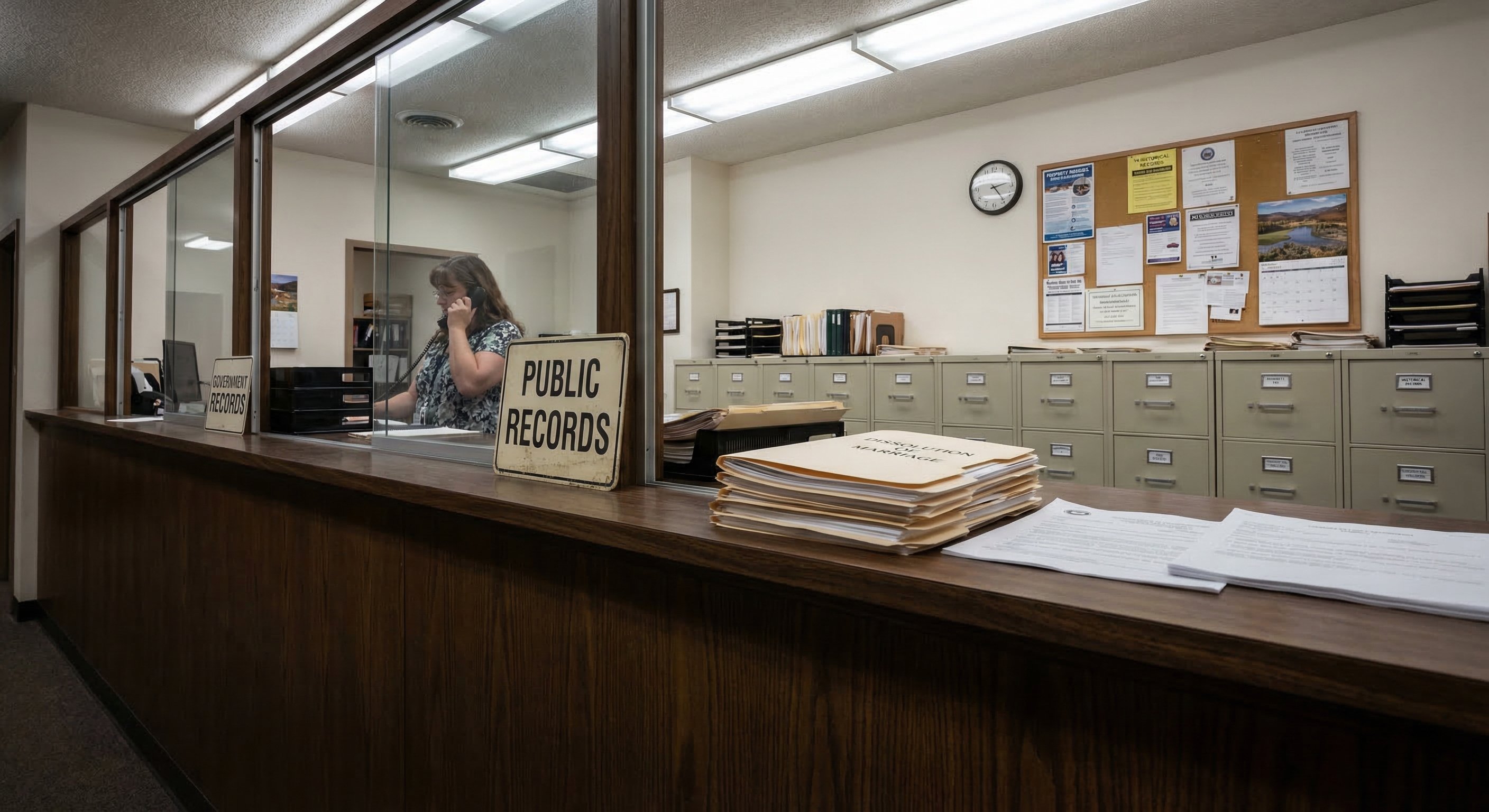 Illinois county courthouse records office interior with property filing cabinets and dissolution of marriage case folders at the clerk's counter