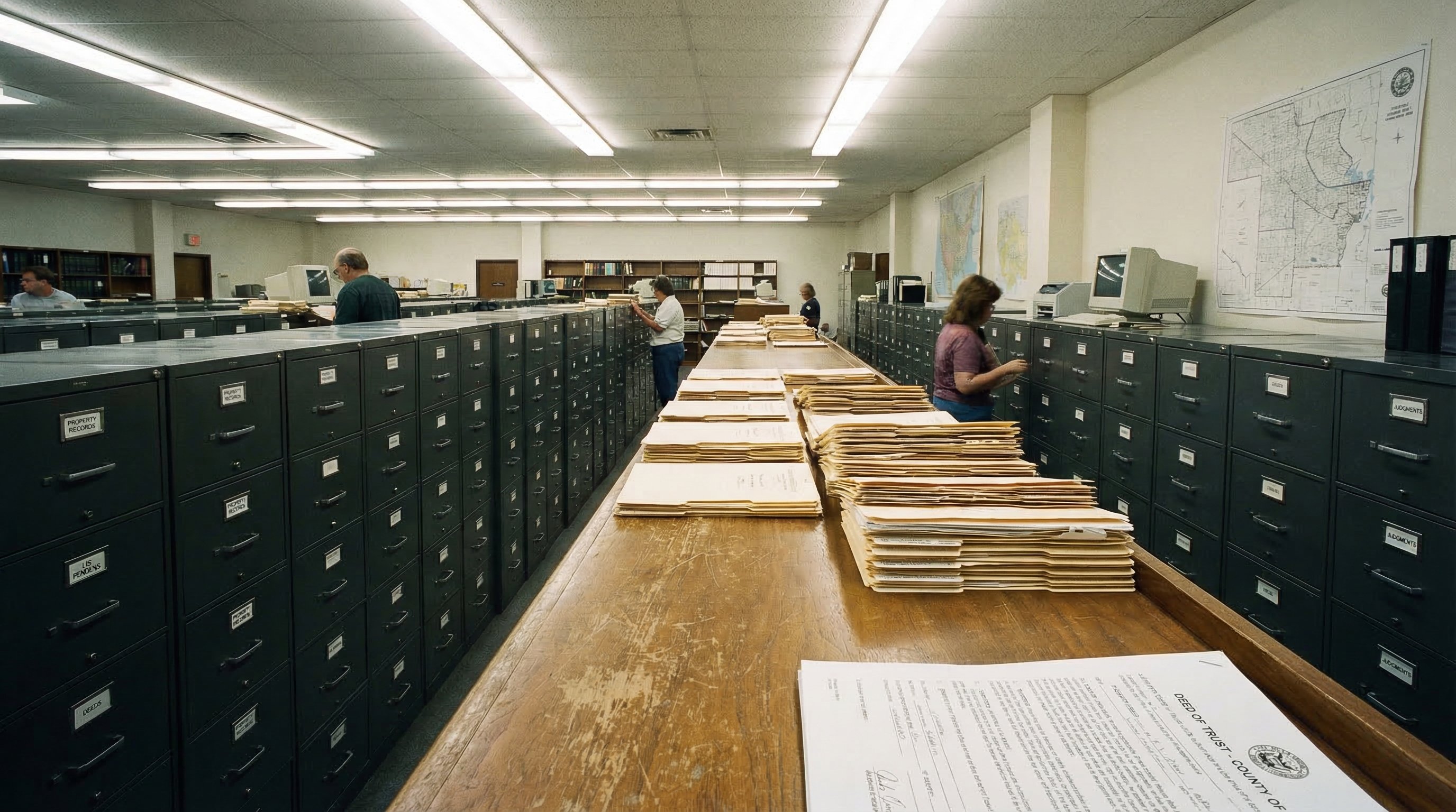 County courthouse records office interior showing filing cabinets and property documents on a wooden desk under fluorescent lights
