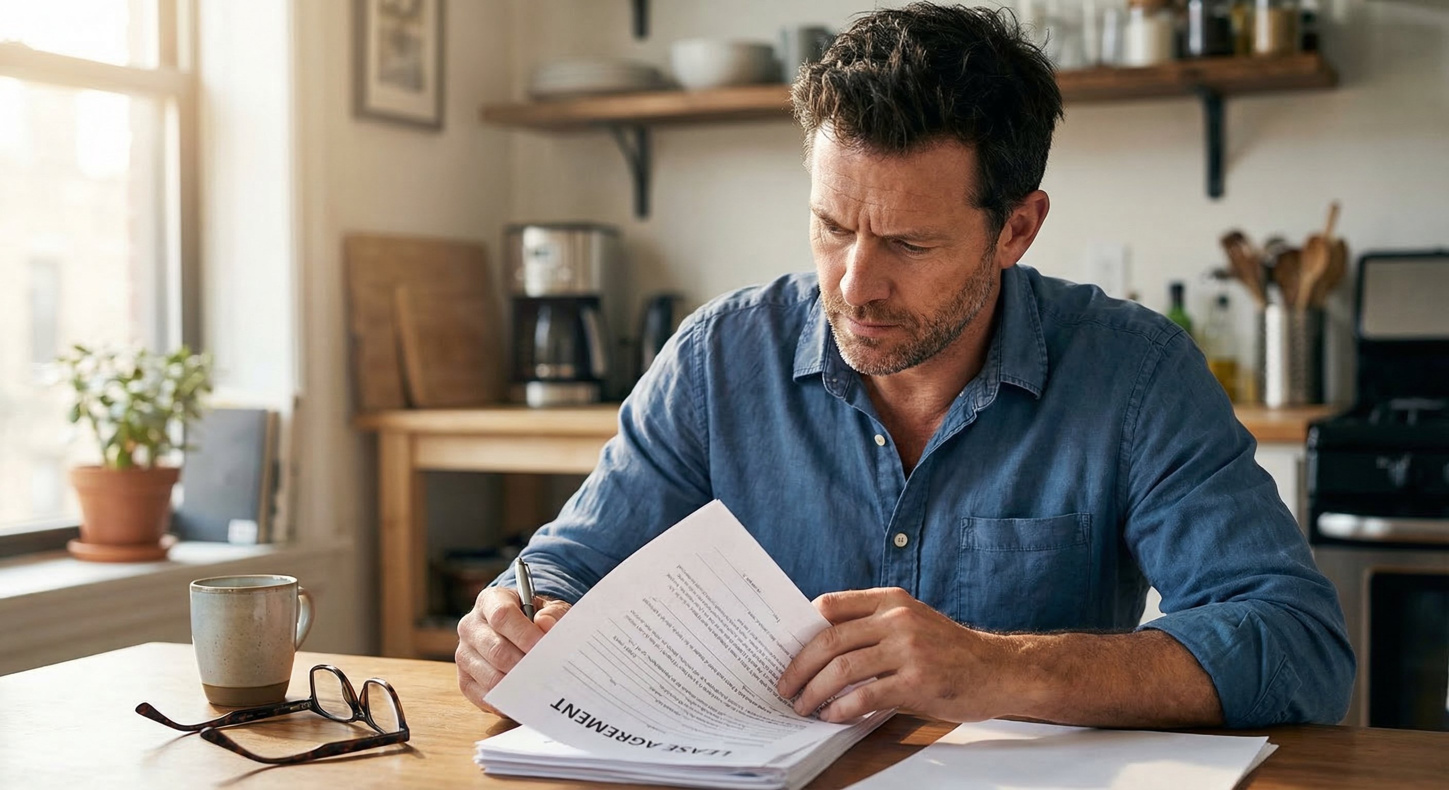 A middle-aged New York homeowner reviewing paperwork at a kitchen table with natural window light, showing concentration, natural skin texture, and a warm domestic environment