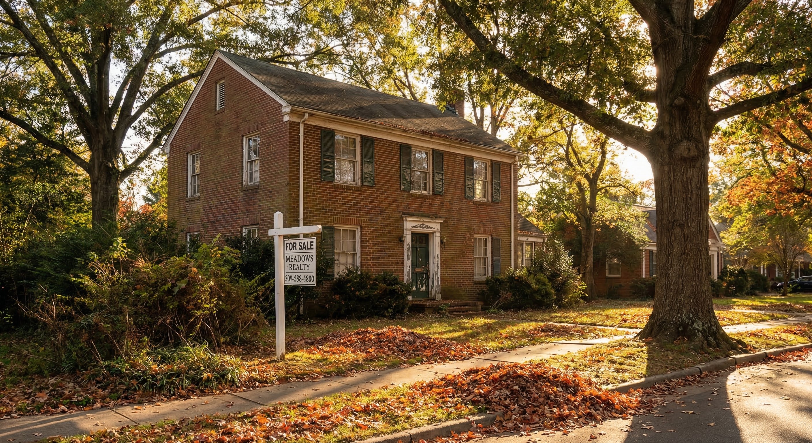 Brick colonial home in a mature North Carolina neighborhood showing a "For Sale" sign — representing properties entering the market during divorce proceedings