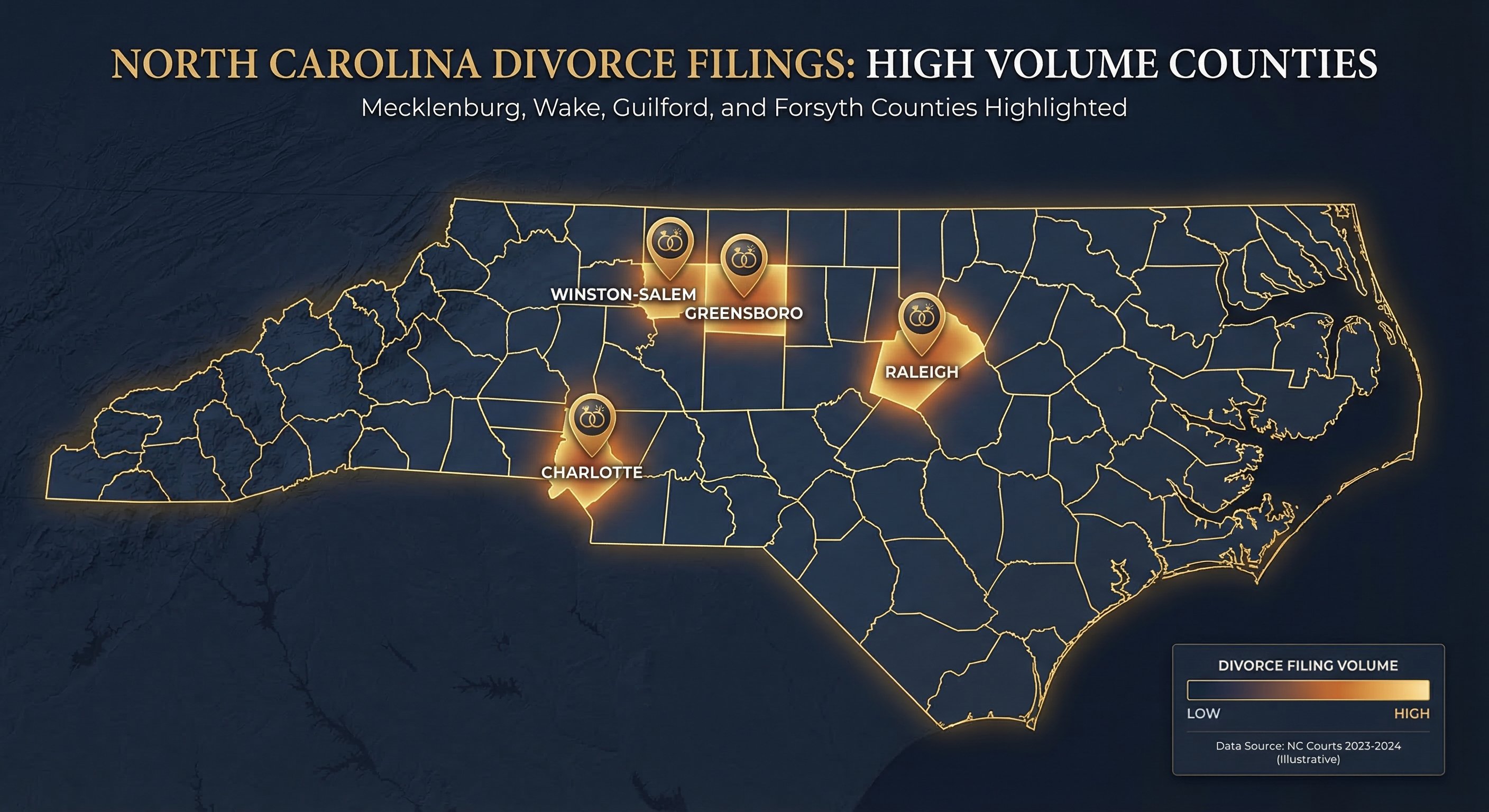 Map of North Carolina counties highlighted by divorce filing volume, showing Mecklenburg, Wake, Guilford, and Forsyth as the highest-activity investor markets