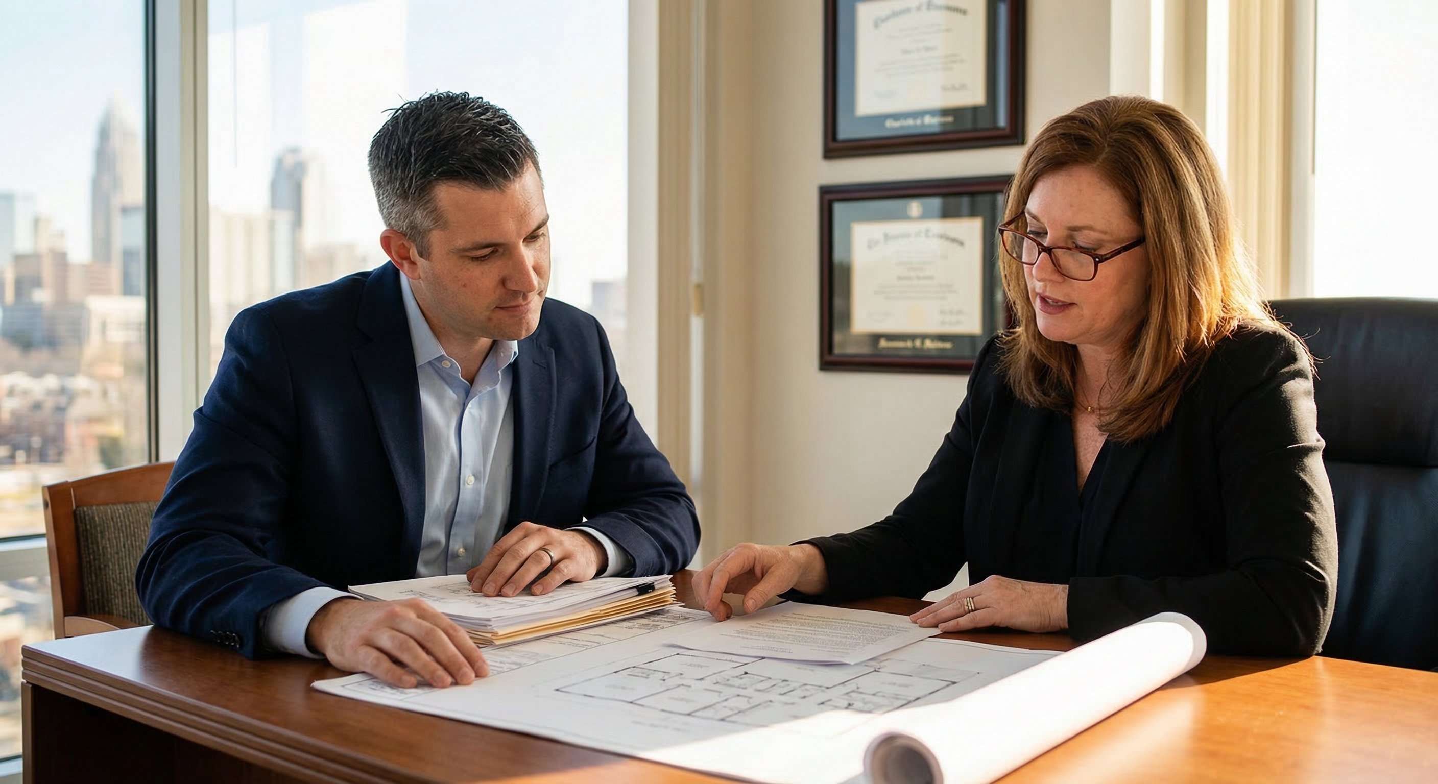 Investor meeting with a family law attorney in a Charlotte-area law office, reviewing property documents related to a divorce asset division