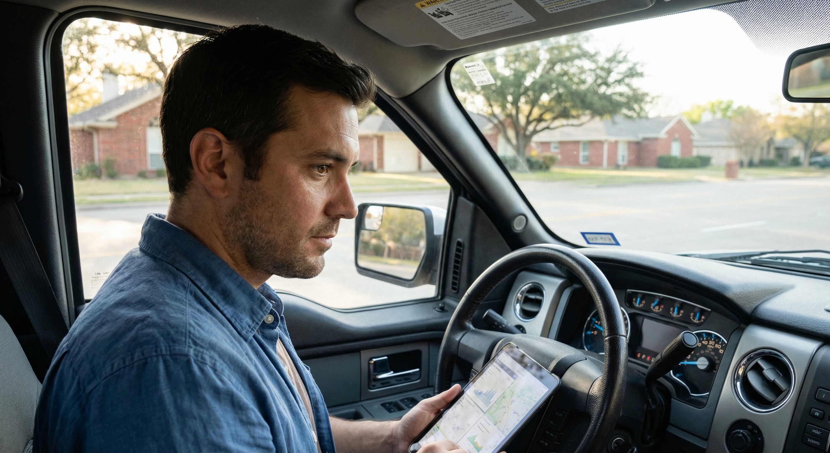 Real estate investor reviewing Texas court documents and property records on tablet