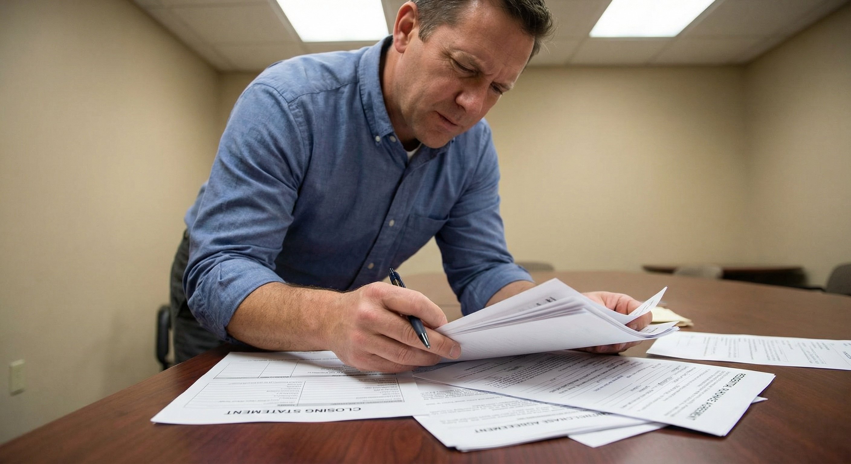 Real estate investor reviewing closing documents at a title company