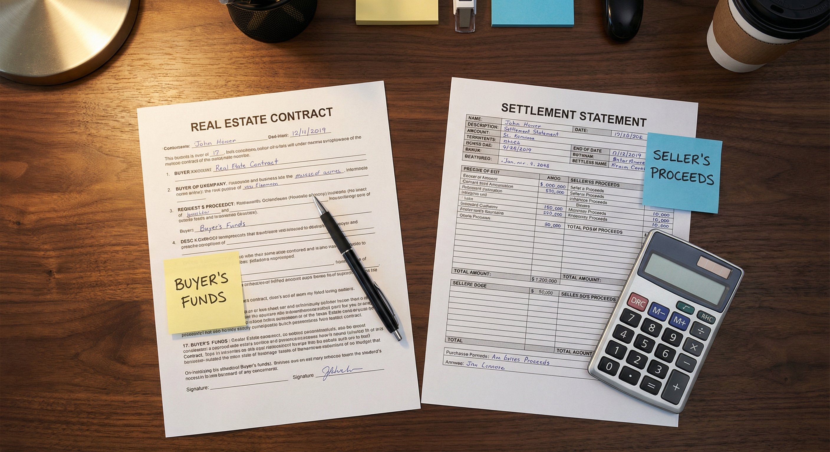 Clean contract and settlement statements on a polished desk with pen and calculator