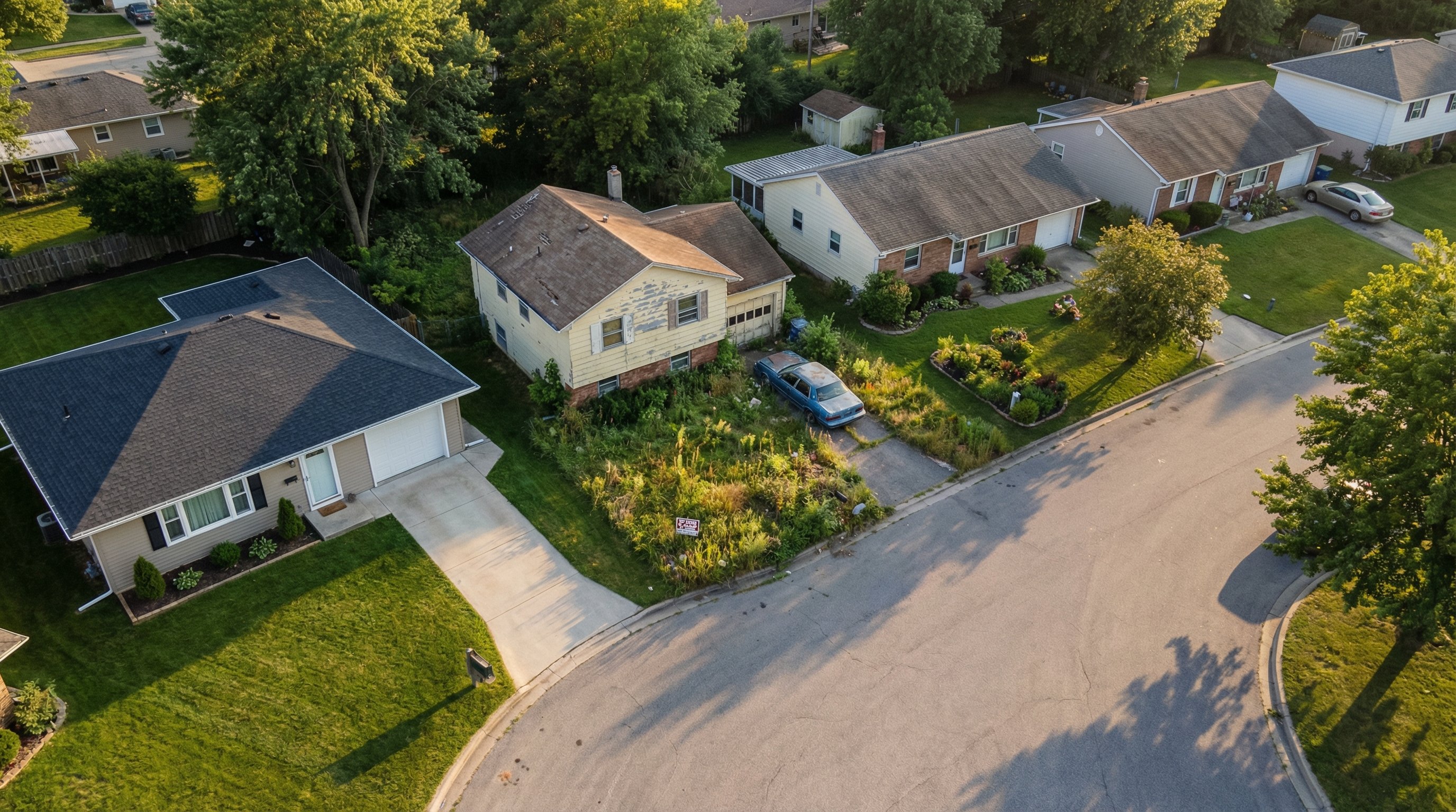 Aerial view of a suburban neighborhood with properties showing varied conditions, a distressed home visible alongside renovated ones
