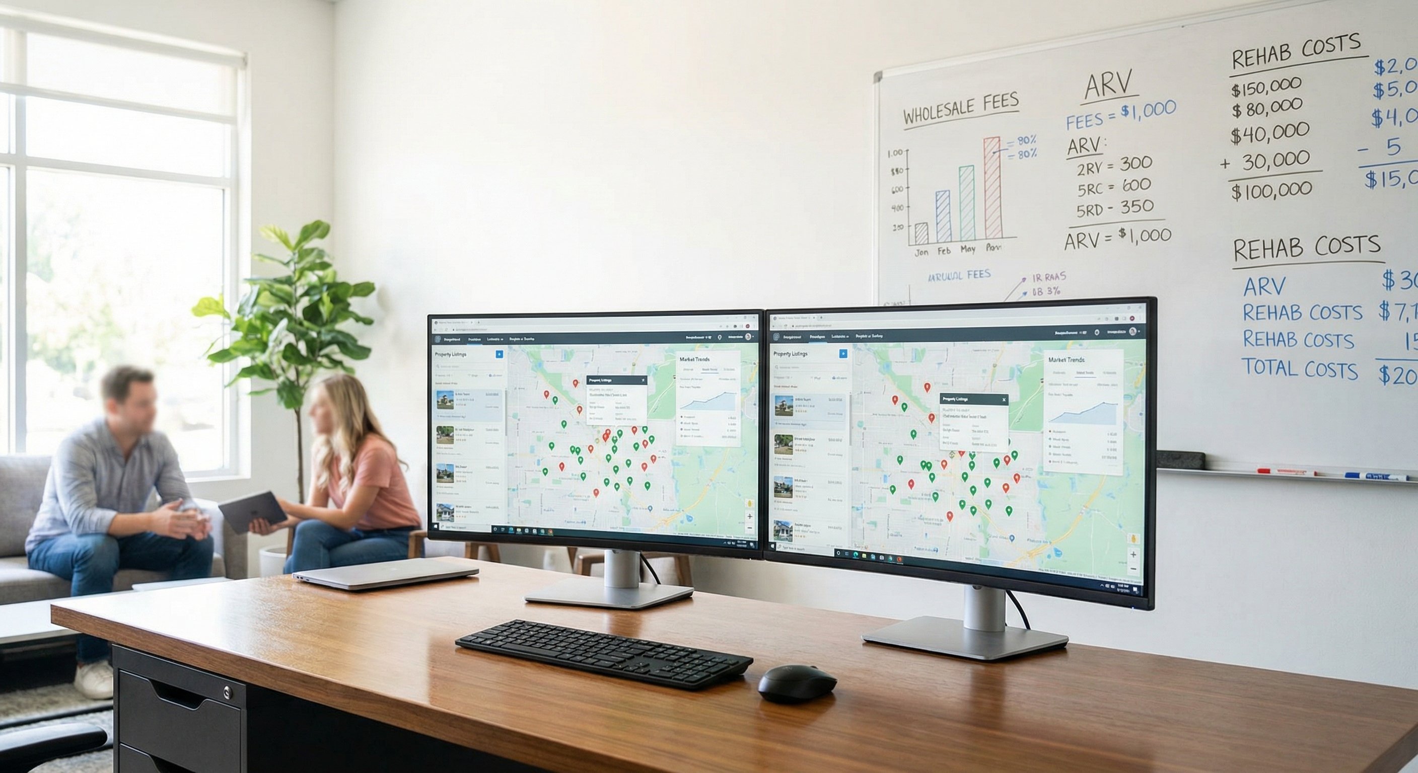 Investment office with dual monitors showing property map data overlays and deal analysis on whiteboard