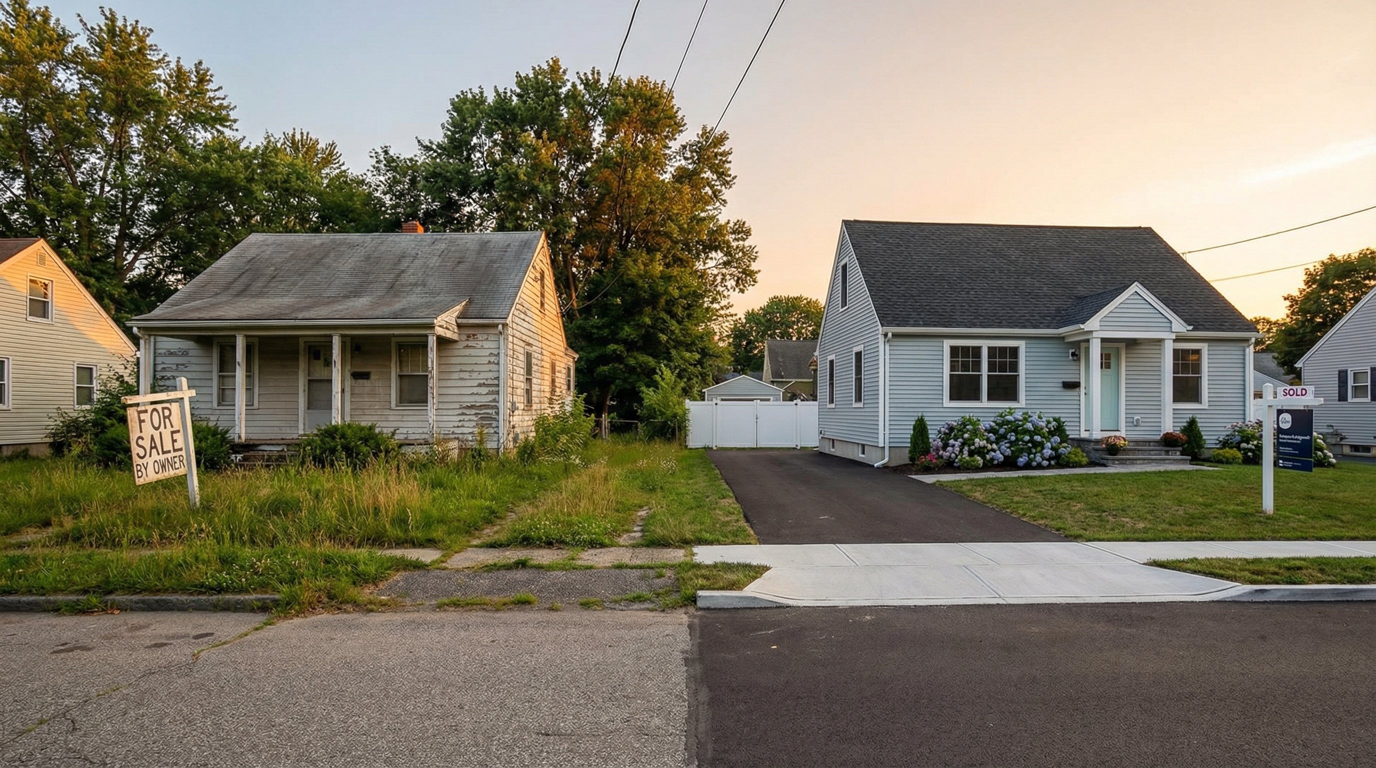 Two homes on the same street: a distressed property with overgrown yard and faded for-sale sign beside a fully renovated home with fresh landscaping