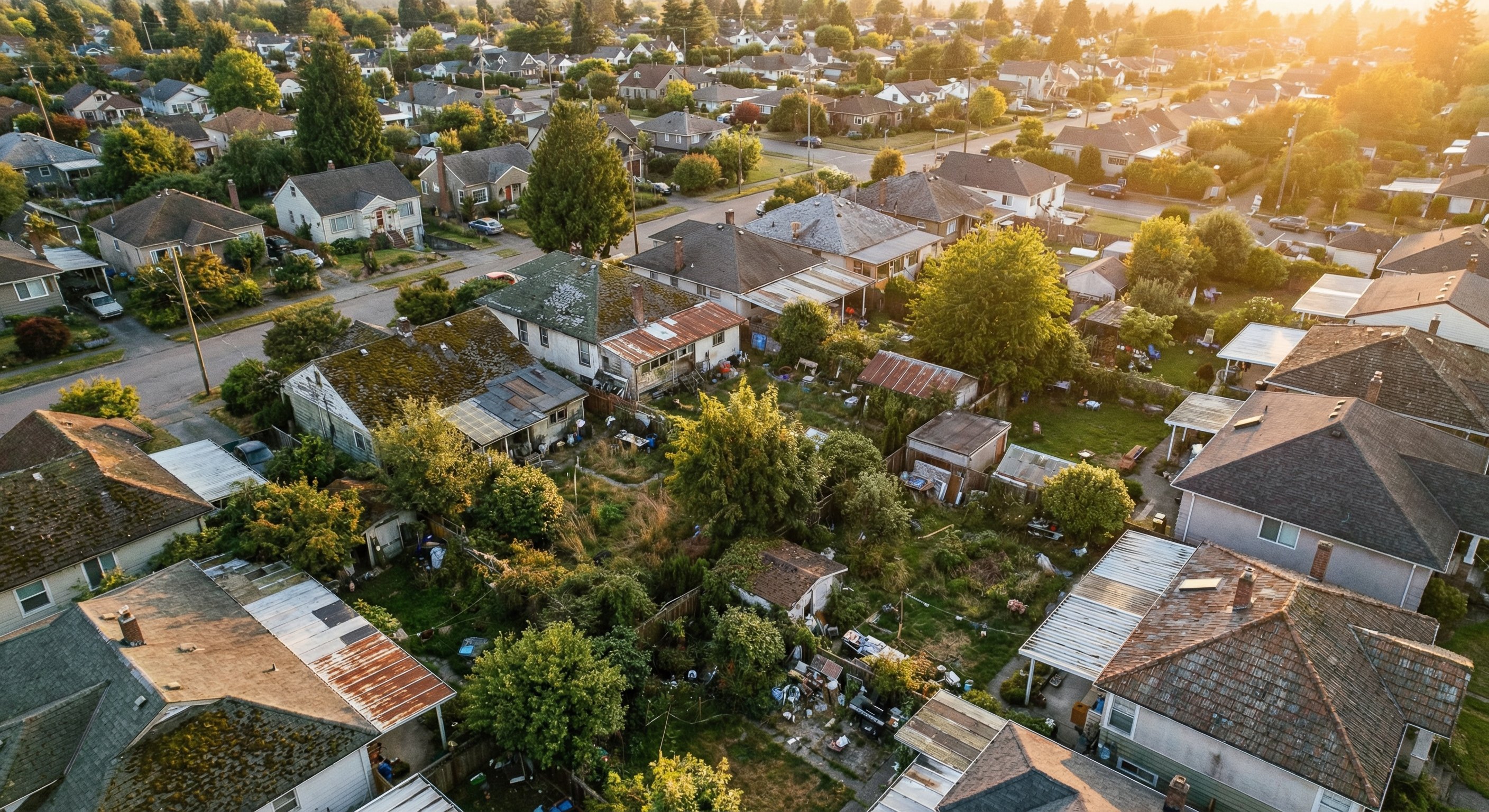 Aerial drone photograph showing a suburban neighborhood with varied roof conditions and overgrown yards, golden afternoon light