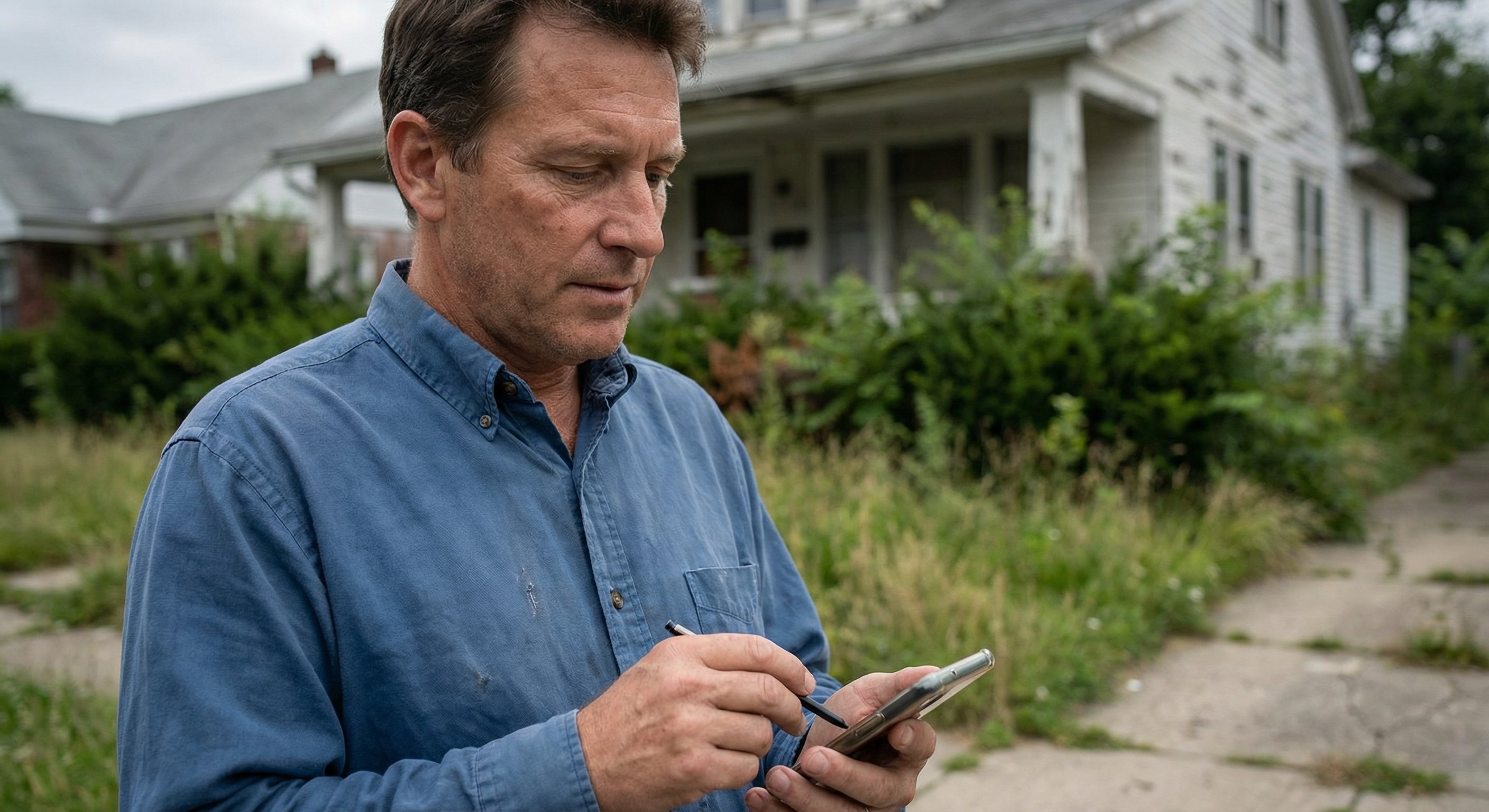 Real estate investor standing on sidewalk in front of a neglected suburban home, taking notes on a smartphone