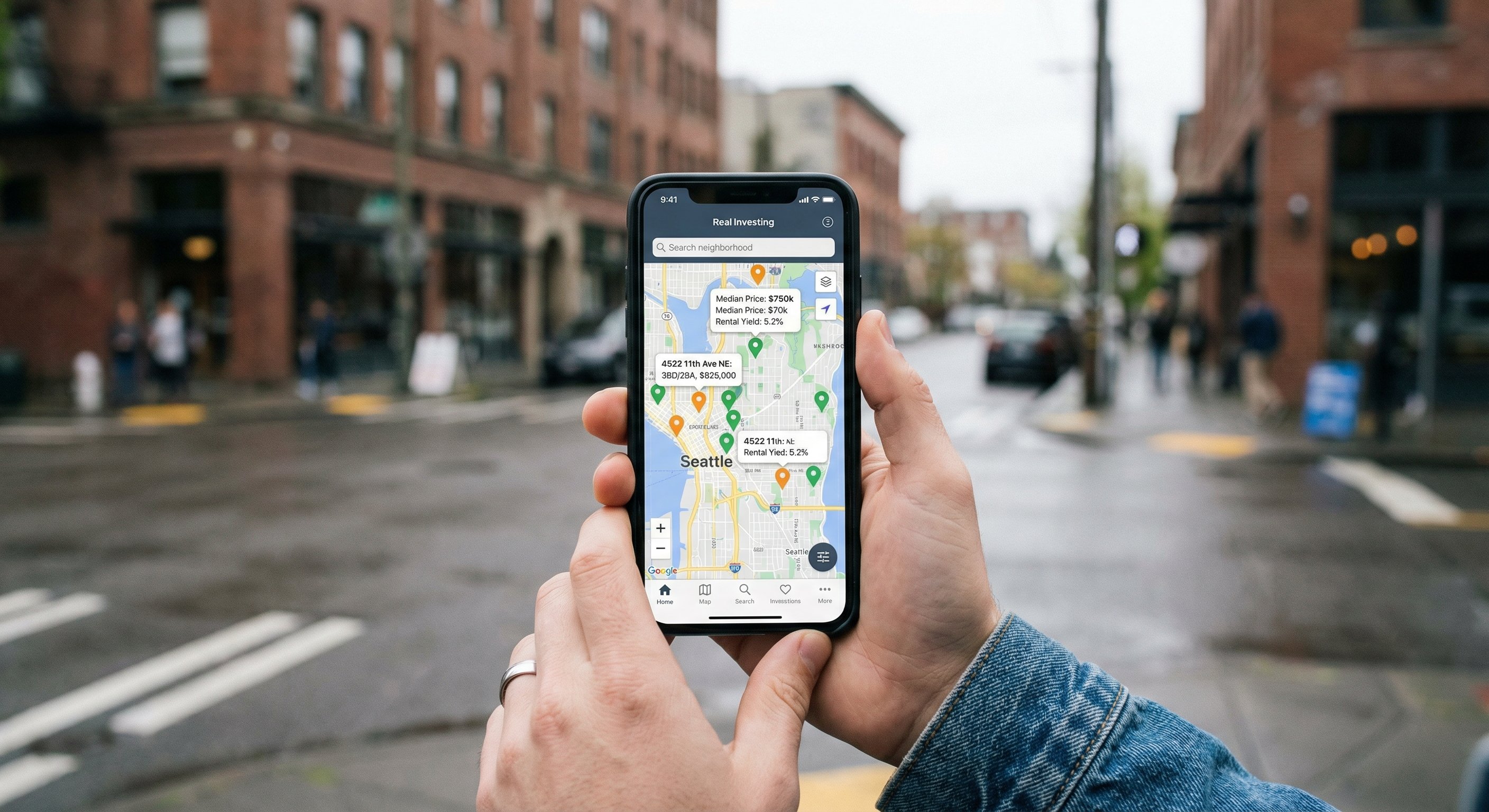 Smartphone displaying a real estate investing app map view with neighborhood property pins and data overlays