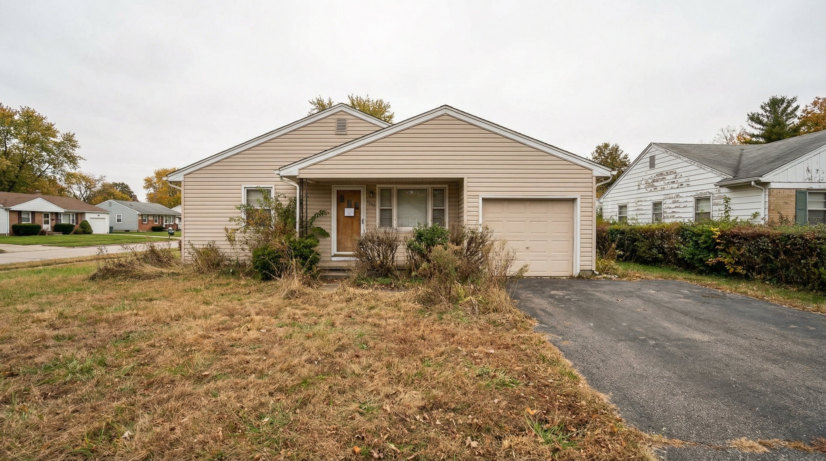 Vacant single-family home with overgrown yard and a notice posted on the front door, indicating recent vacancy