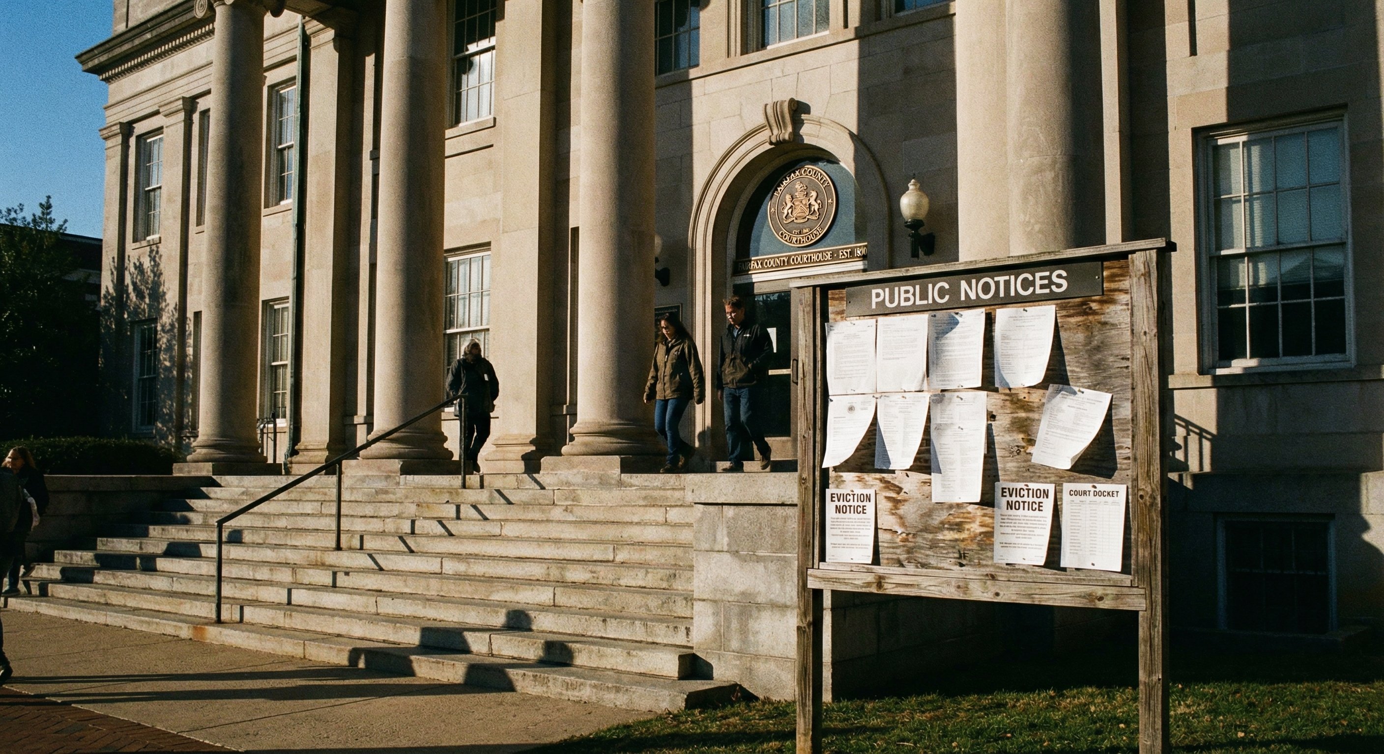 County courthouse exterior with stone columns and public eviction notice board