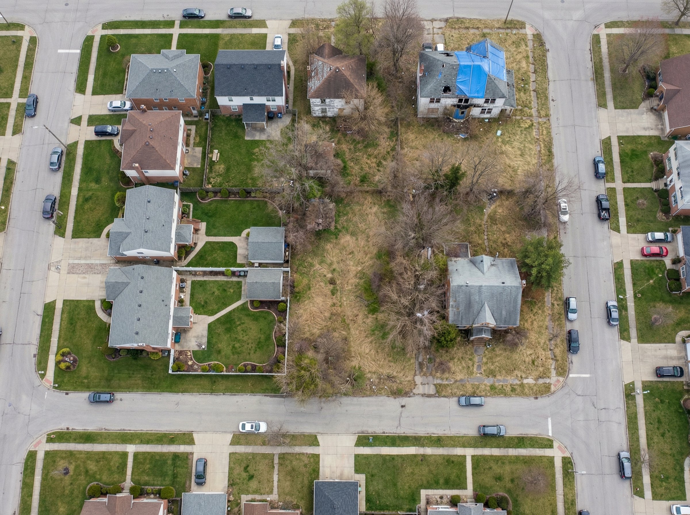 Aerial drone photograph showing suburban neighborhood with vacant and neglected properties