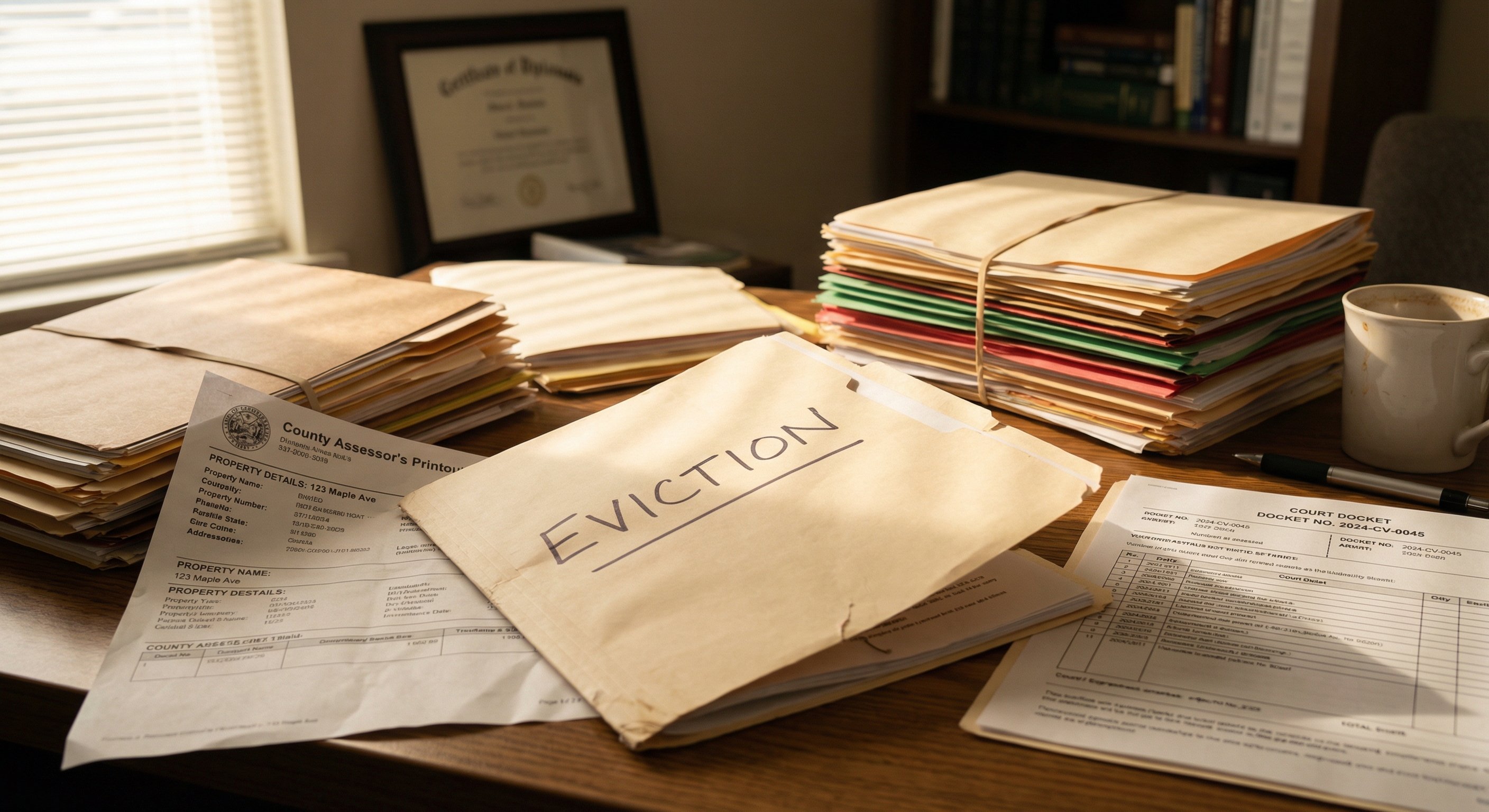 Eviction court documents and county assessor records spread on a legal desk